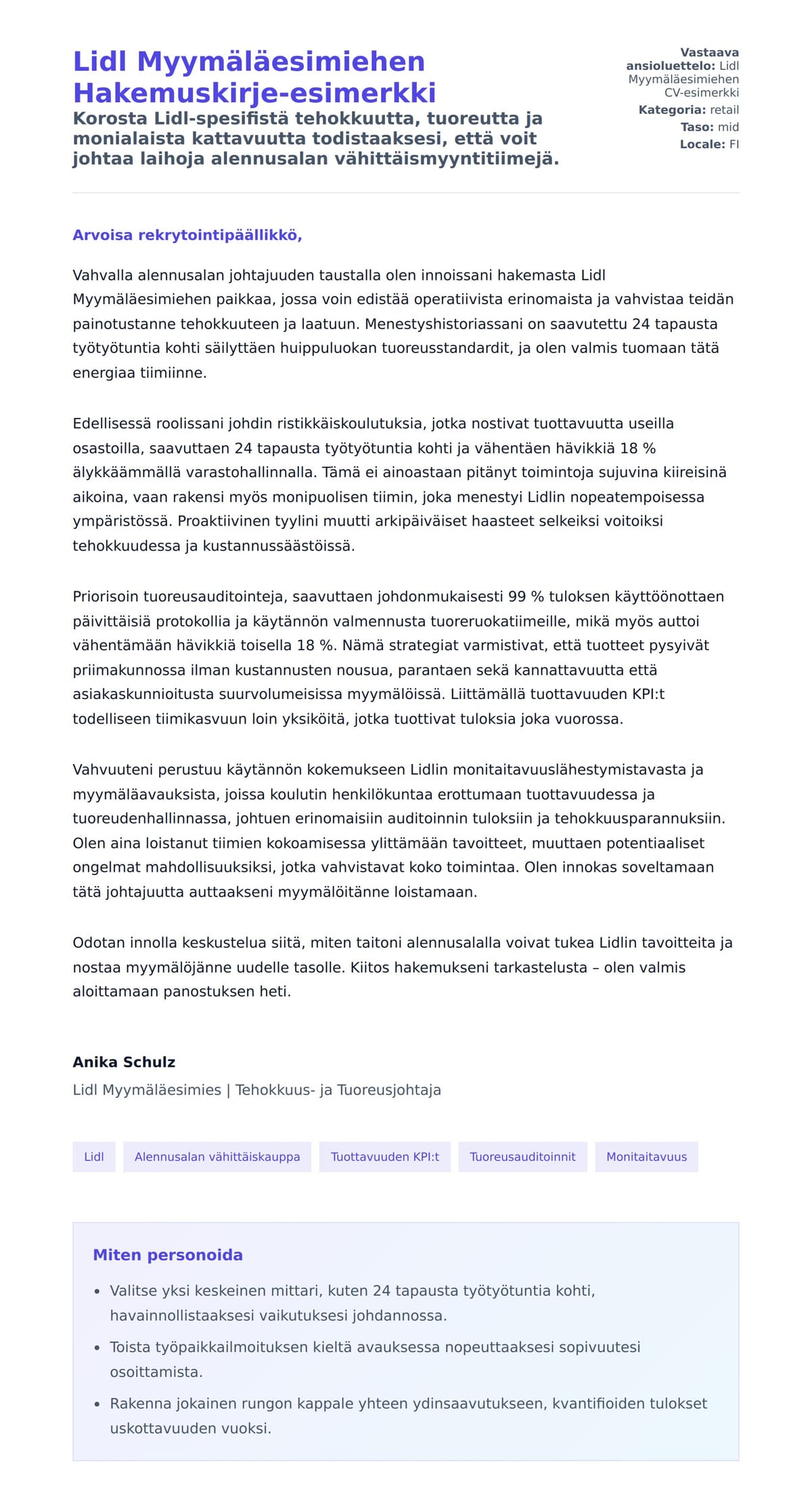 Työhakemuskirjeen esikatselu kohteelle Lidl Myymäläesimiehen Hakemuskirje-esimerkki