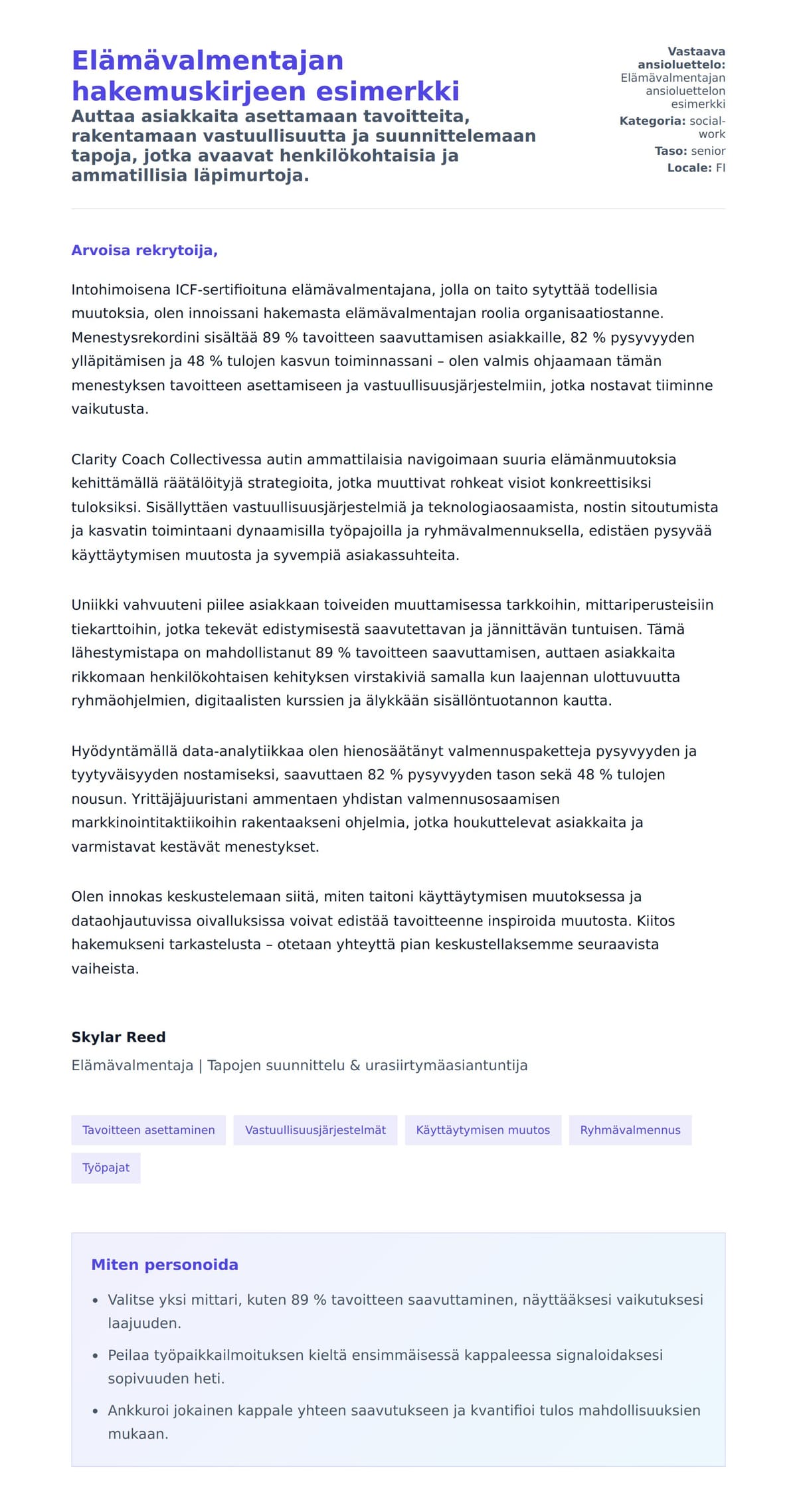 Työhakemuskirjeen esikatselu kohteelle Elämävalmentajan hakemuskirjeen esimerkki