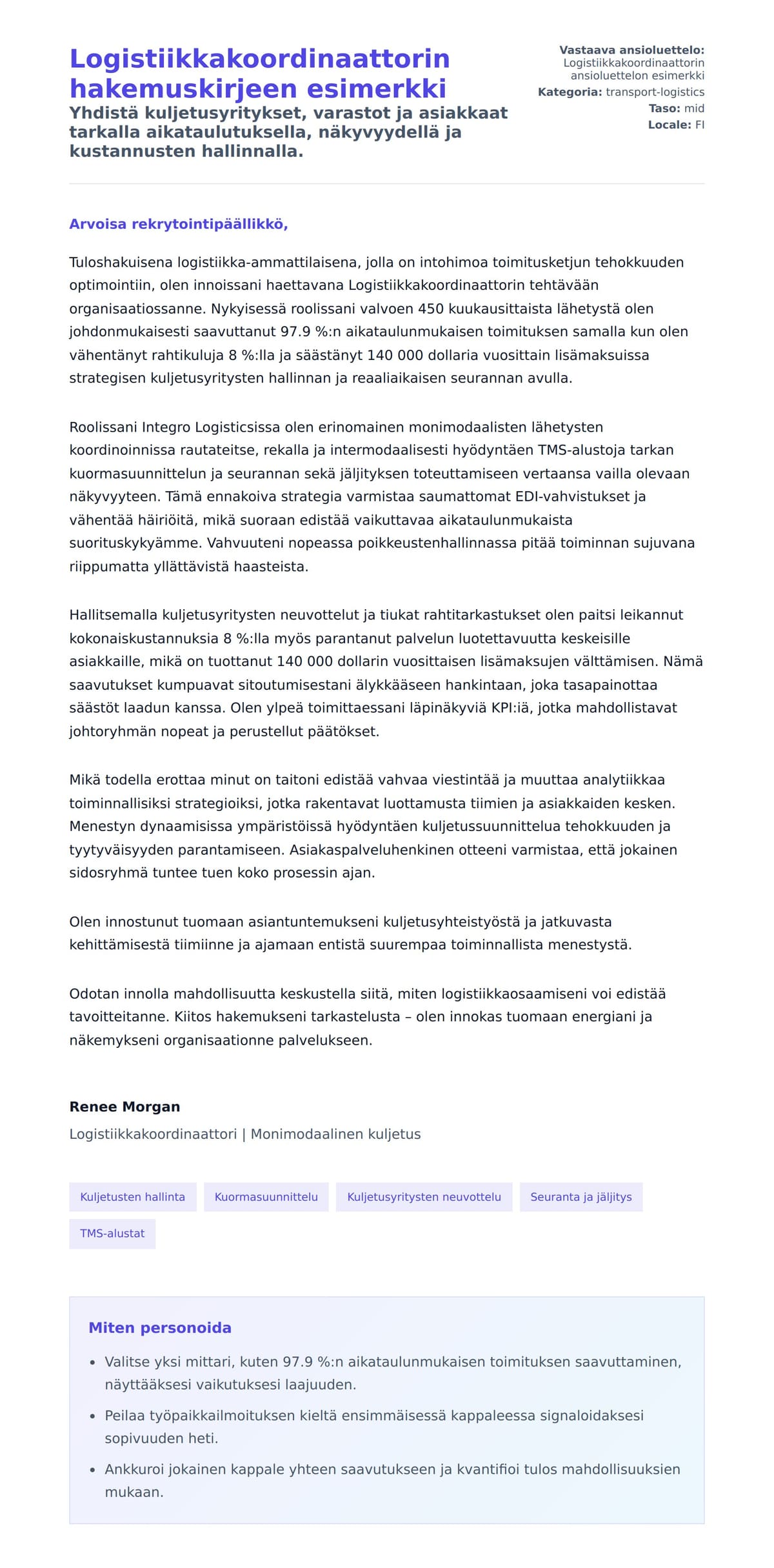 Työhakemuskirjeen esikatselu kohteelle Logistiikkakoordinaattorin hakemuskirjeen esimerkki