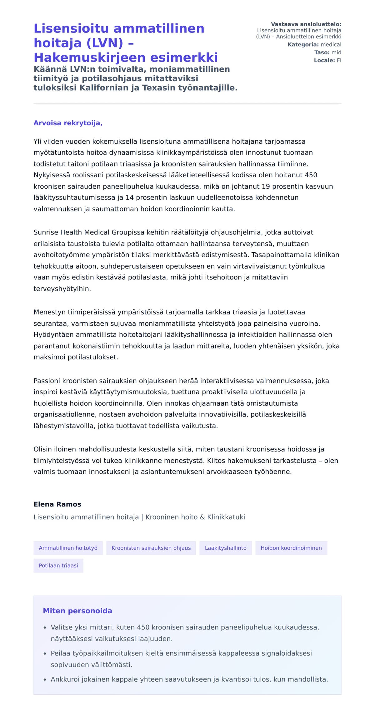 Työhakemuskirjeen esikatselu kohteelle Lisensioitu ammatillinen hoitaja (LVN) – Hakemuskirjeen esimerkki