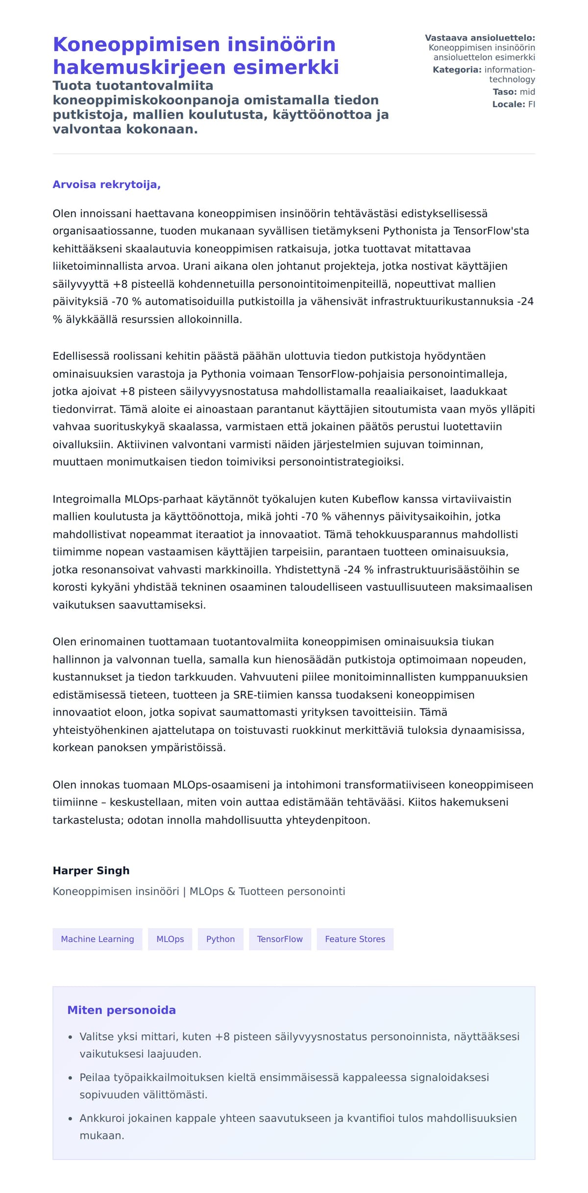 Työhakemuskirjeen esikatselu kohteelle Koneoppimisen insinöörin hakemuskirjeen esimerkki