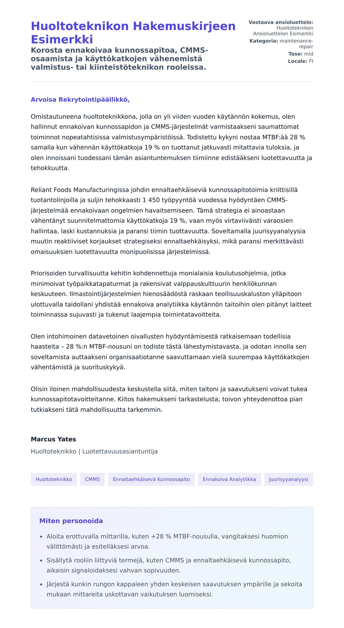 Työhakemuskirjeen esikatselu kohteelle Huoltoteknikon Hakemuskirjeen Esimerkki