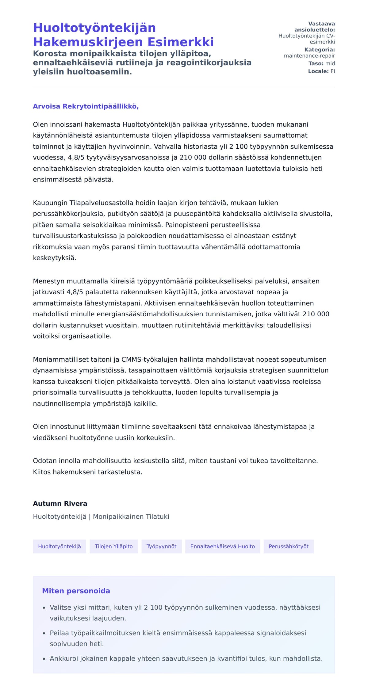 Työhakemuskirjeen esikatselu kohteelle Huoltotyöntekijän Hakemuskirjeen Esimerkki