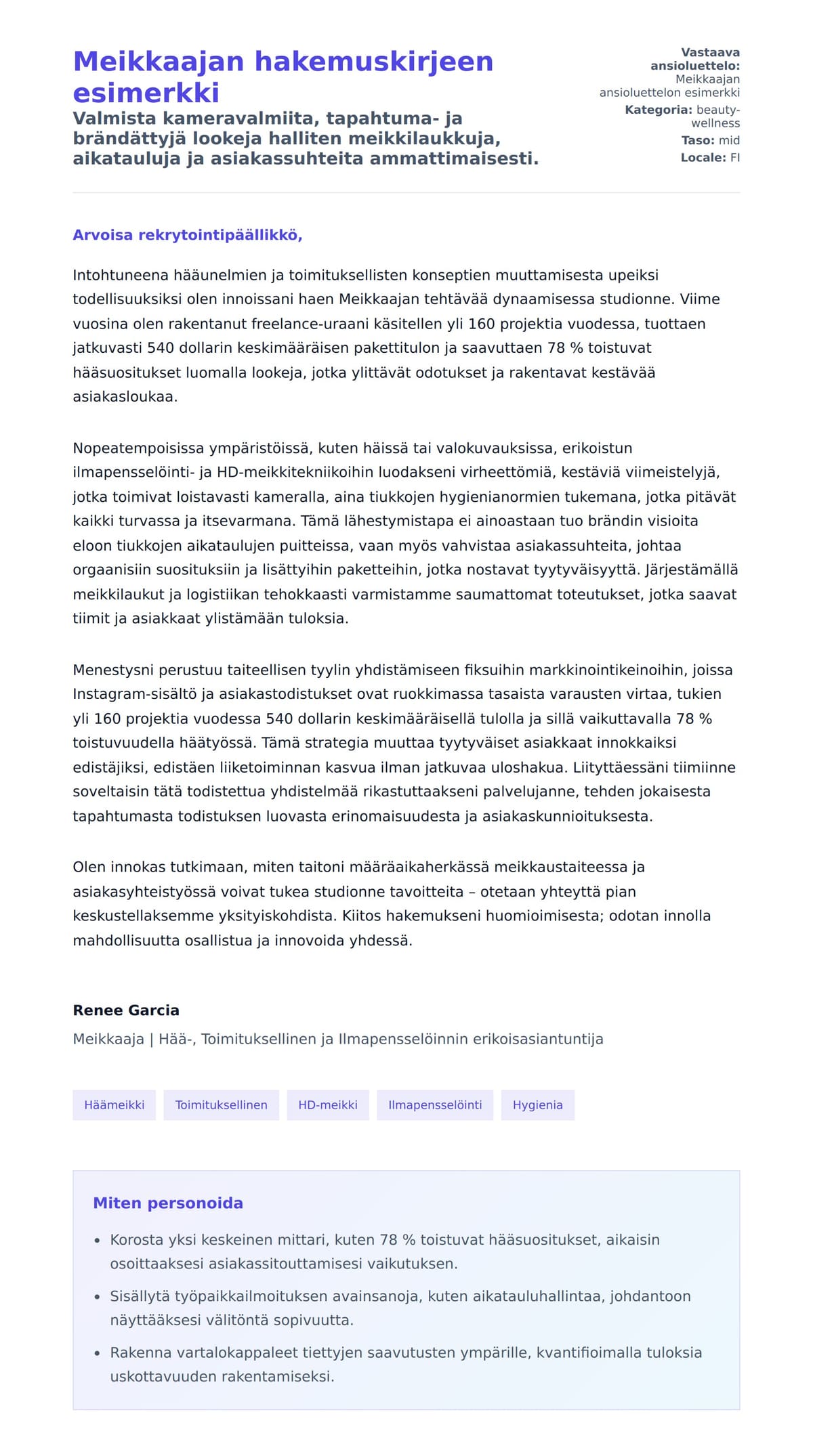 Meikkaajan hakemuskirjeen esimerkki