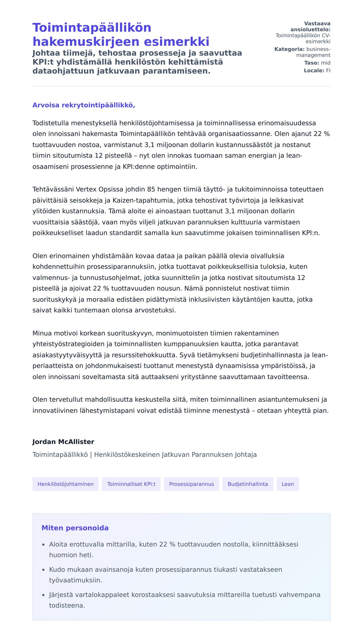 Työhakemuskirjeen esikatselu kohteelle Toimintapäällikön hakemuskirjeen esimerkki