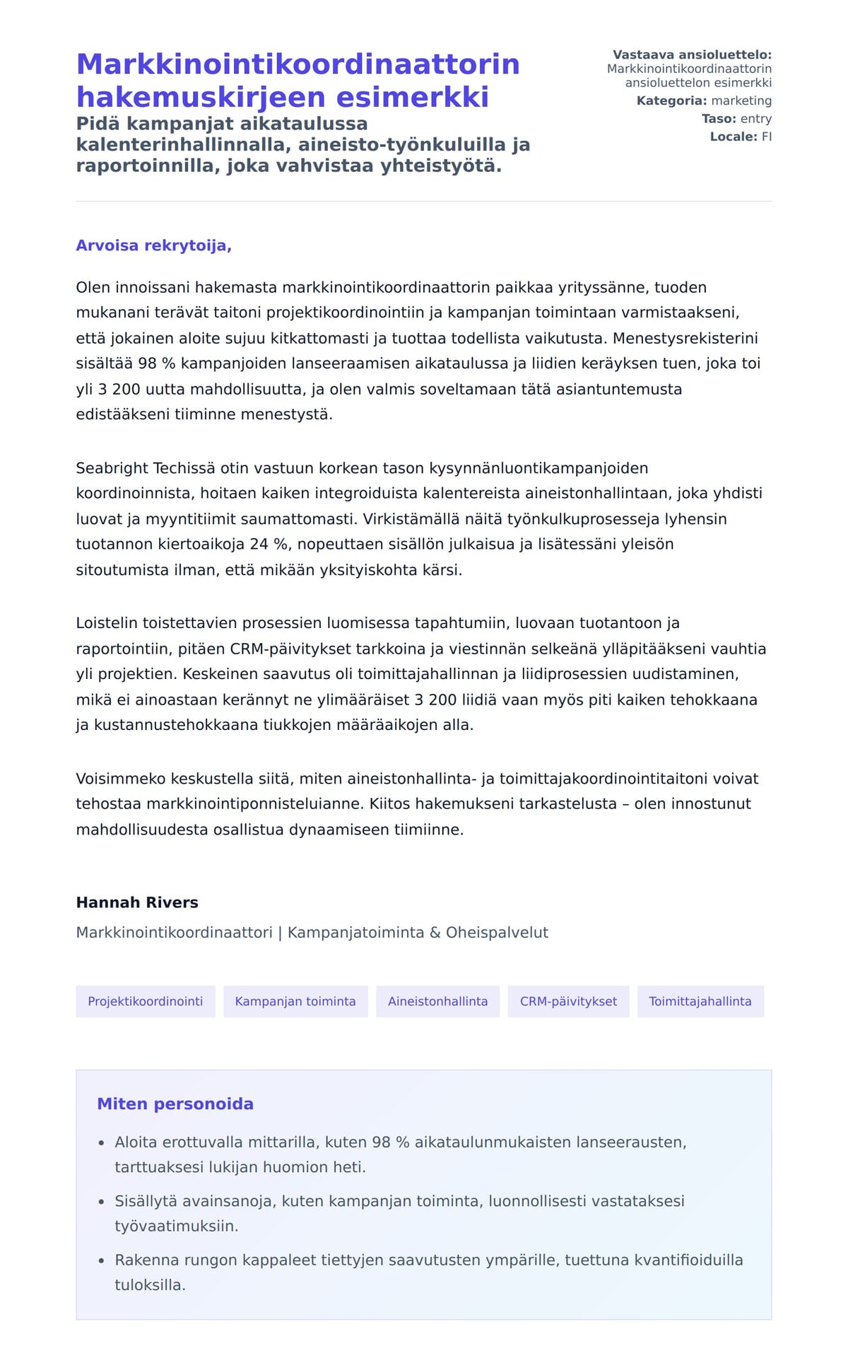Työhakemuskirjeen esikatselu kohteelle Markkinointikoordinaattorin hakemuskirjeen esimerkki