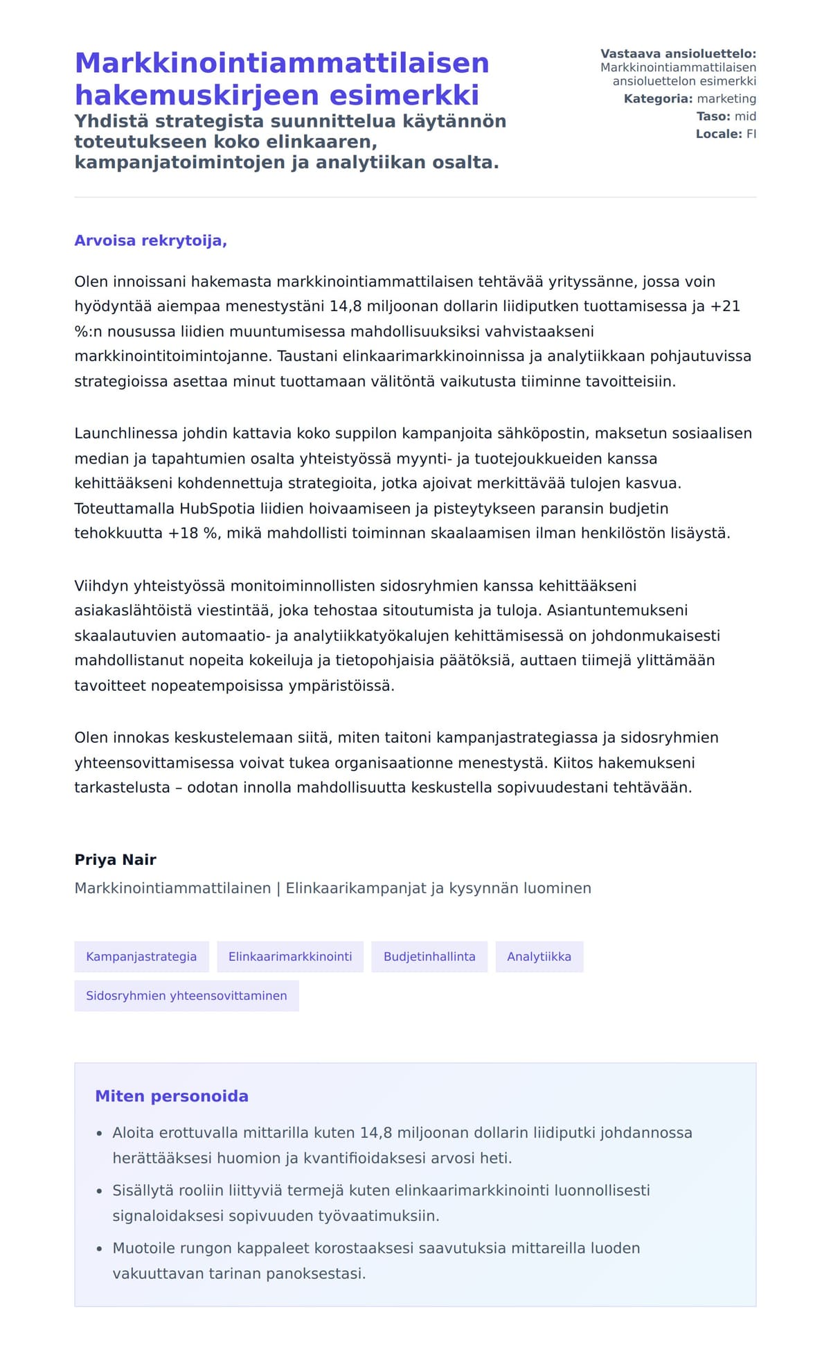 Työhakemuskirjeen esikatselu kohteelle Markkinointiammattilaisen hakemuskirjeen esimerkki