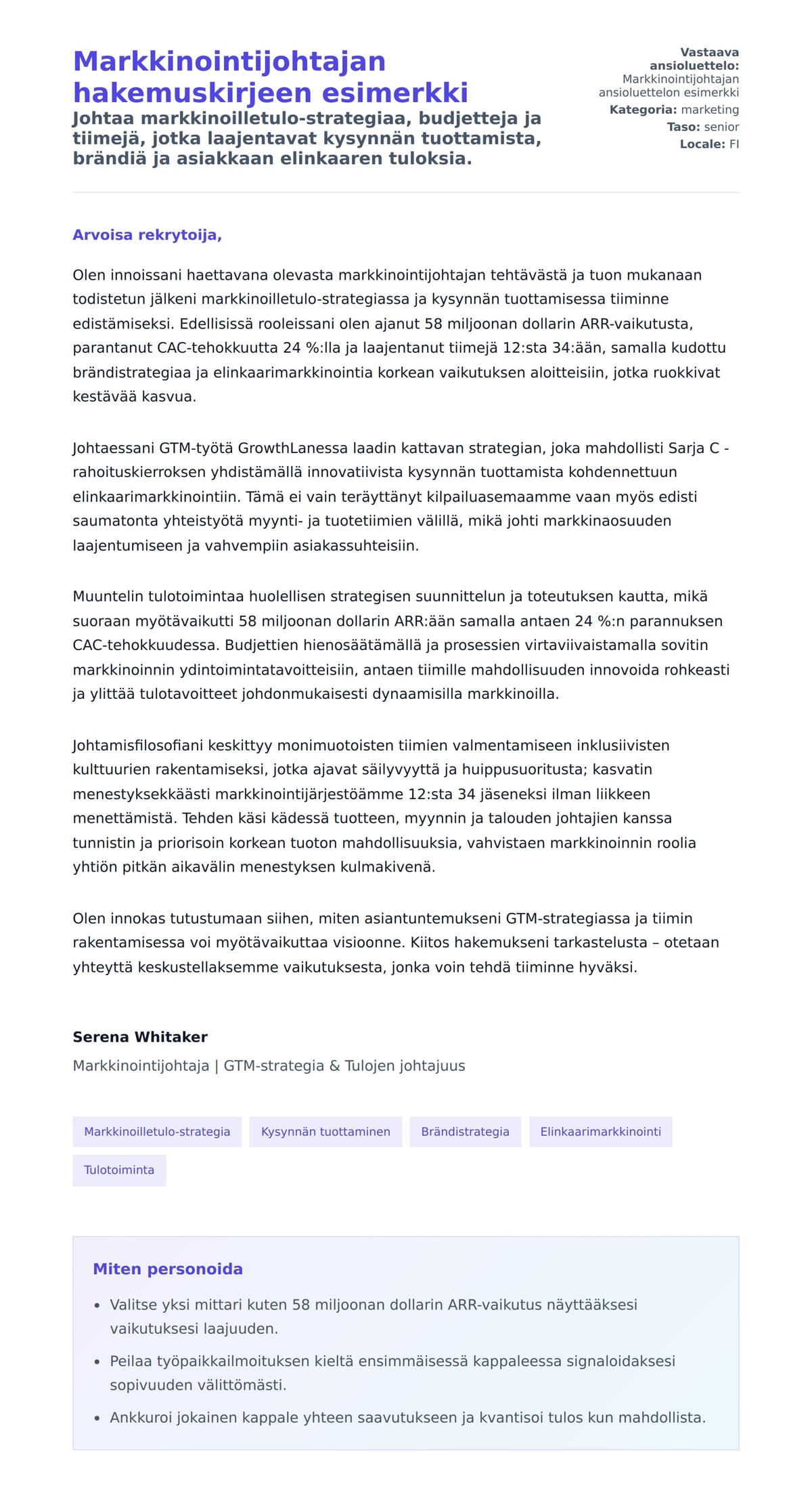 Työhakemuskirjeen esikatselu kohteelle Markkinointijohtajan hakemuskirjeen esimerkki