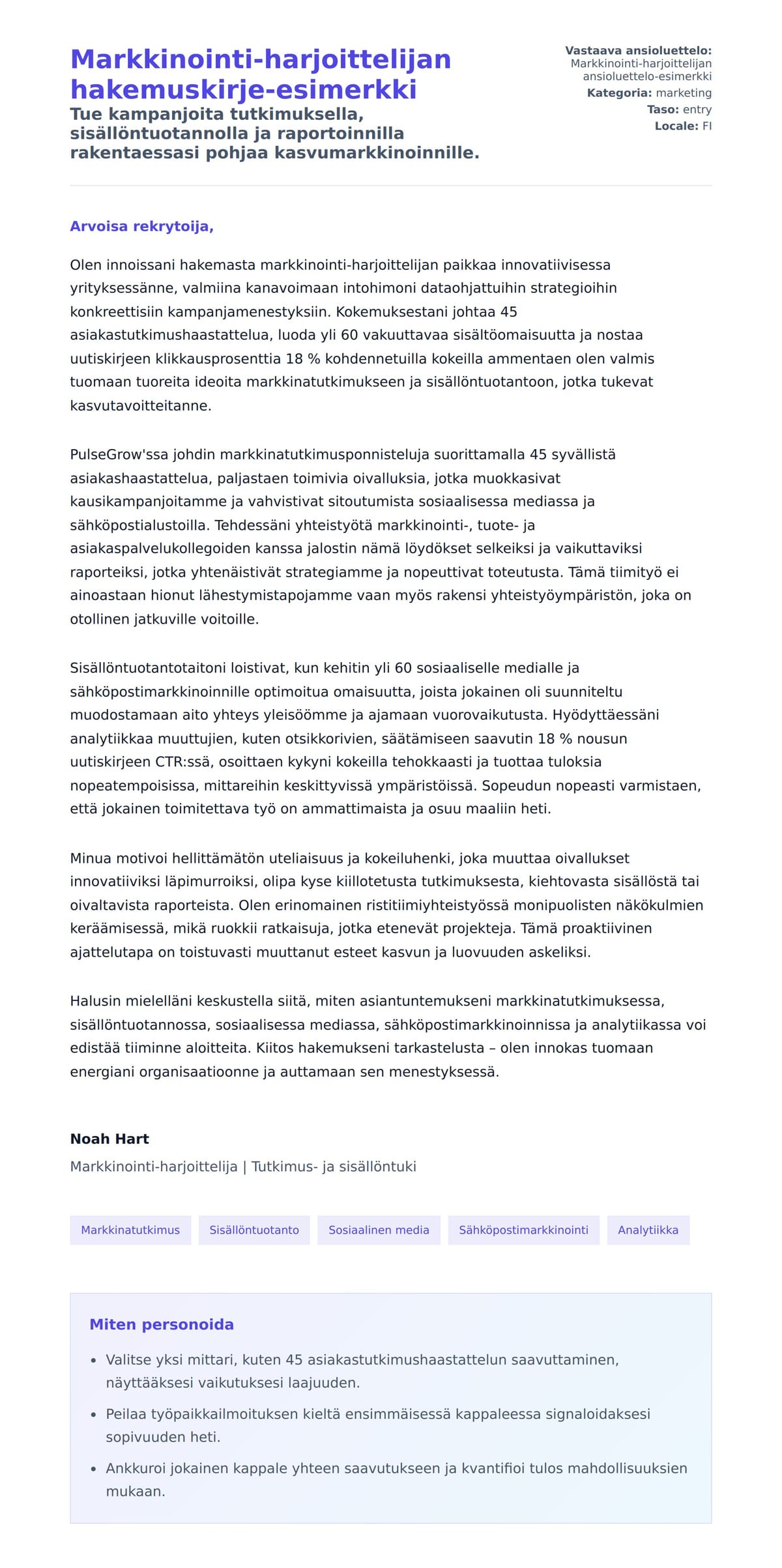 Työhakemuskirjeen esikatselu kohteelle Markkinointi-harjoittelijan hakemuskirje-esimerkki