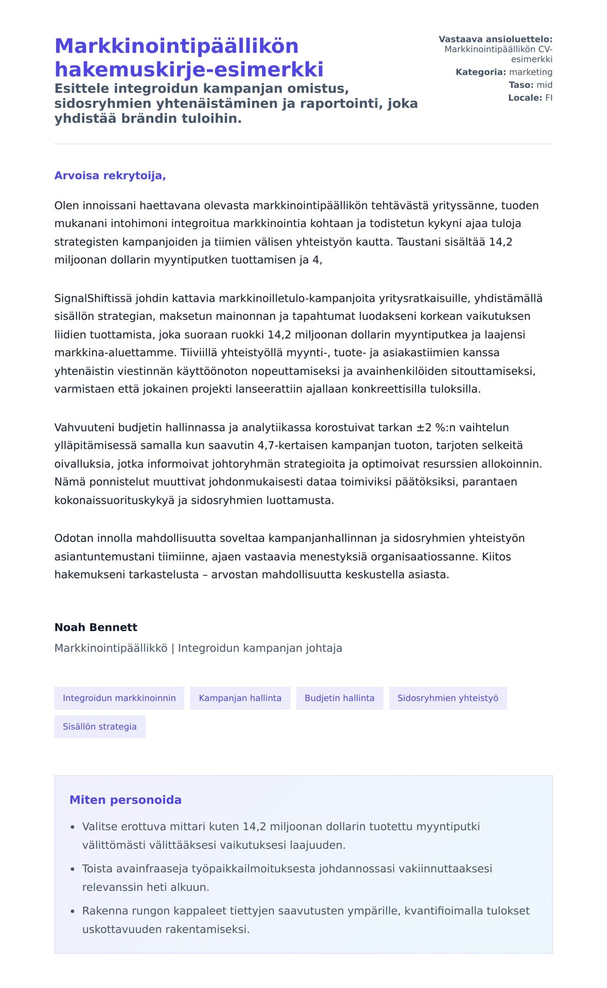 Työhakemuskirjeen esikatselu kohteelle Markkinointipäällikön hakemuskirje-esimerkki