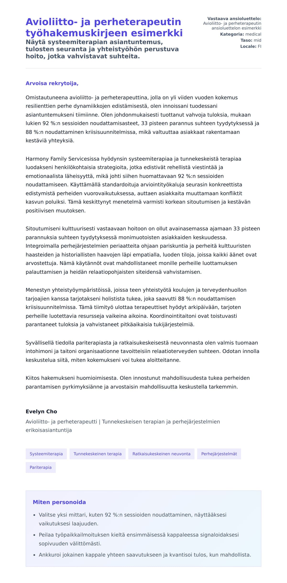 Työhakemuskirjeen esikatselu kohteelle Avioliitto- ja perheterapeutin työhakemuskirjeen esimerkki