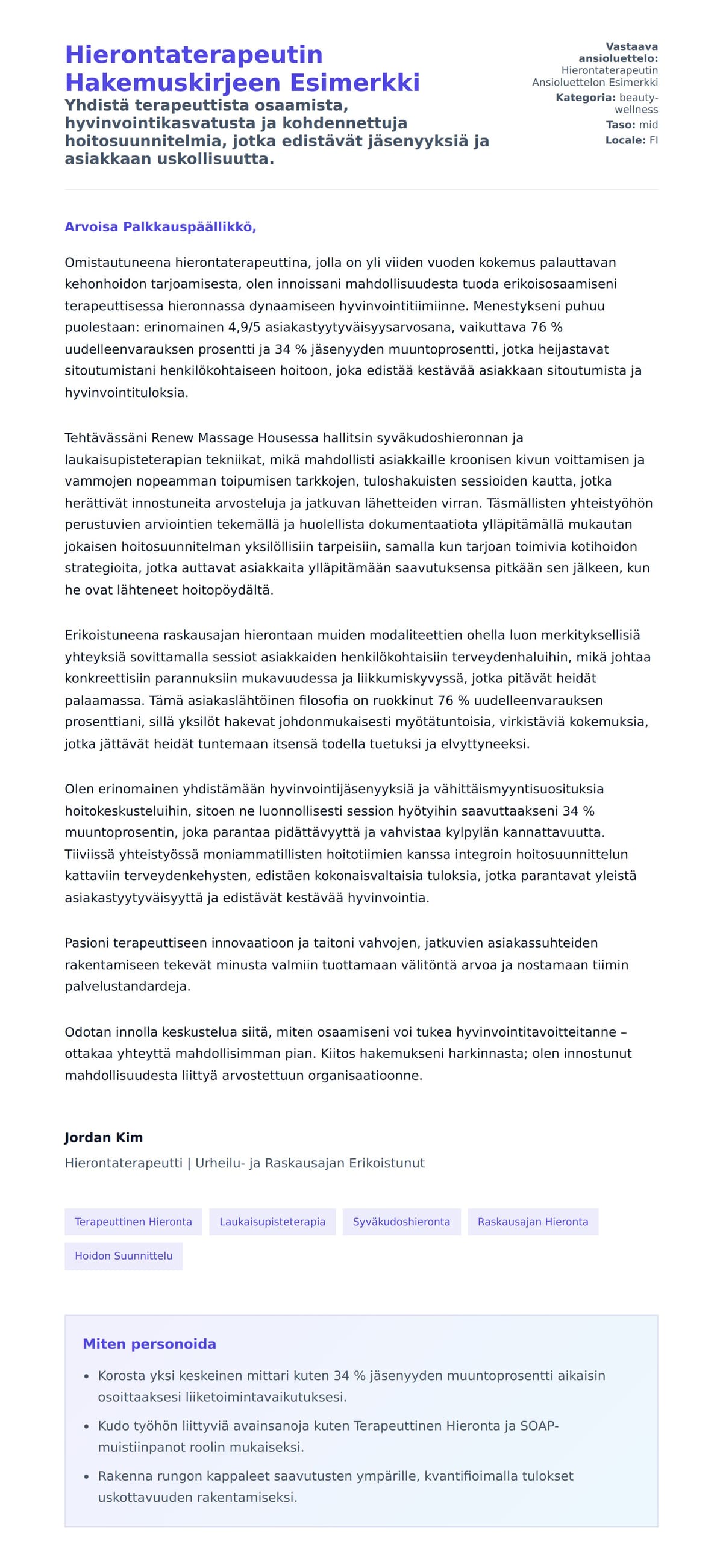 Hierontaterapeutin Hakemuskirjeen Esimerkki