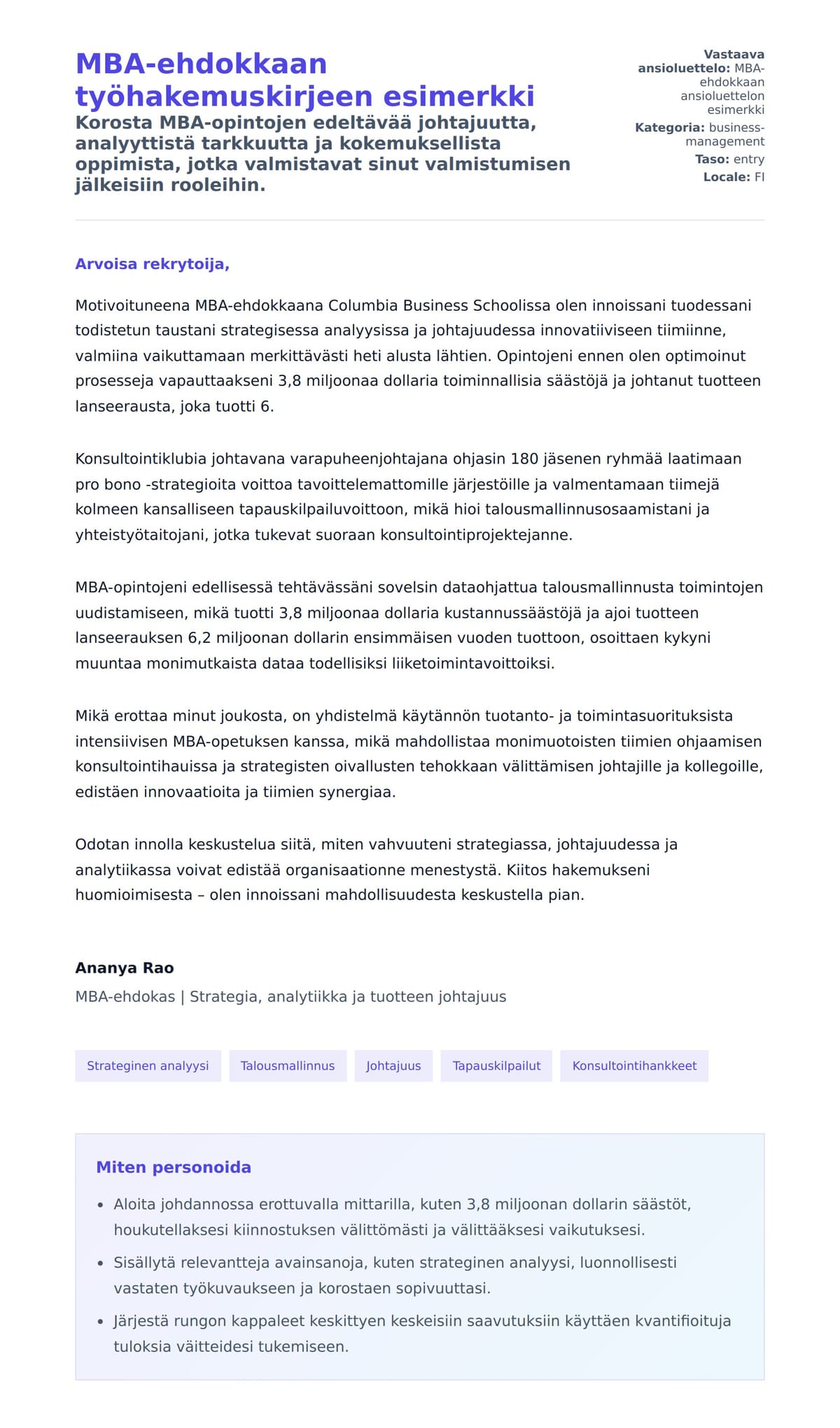 Työhakemuskirjeen esikatselu kohteelle MBA-ehdokkaan työhakemuskirjeen esimerkki