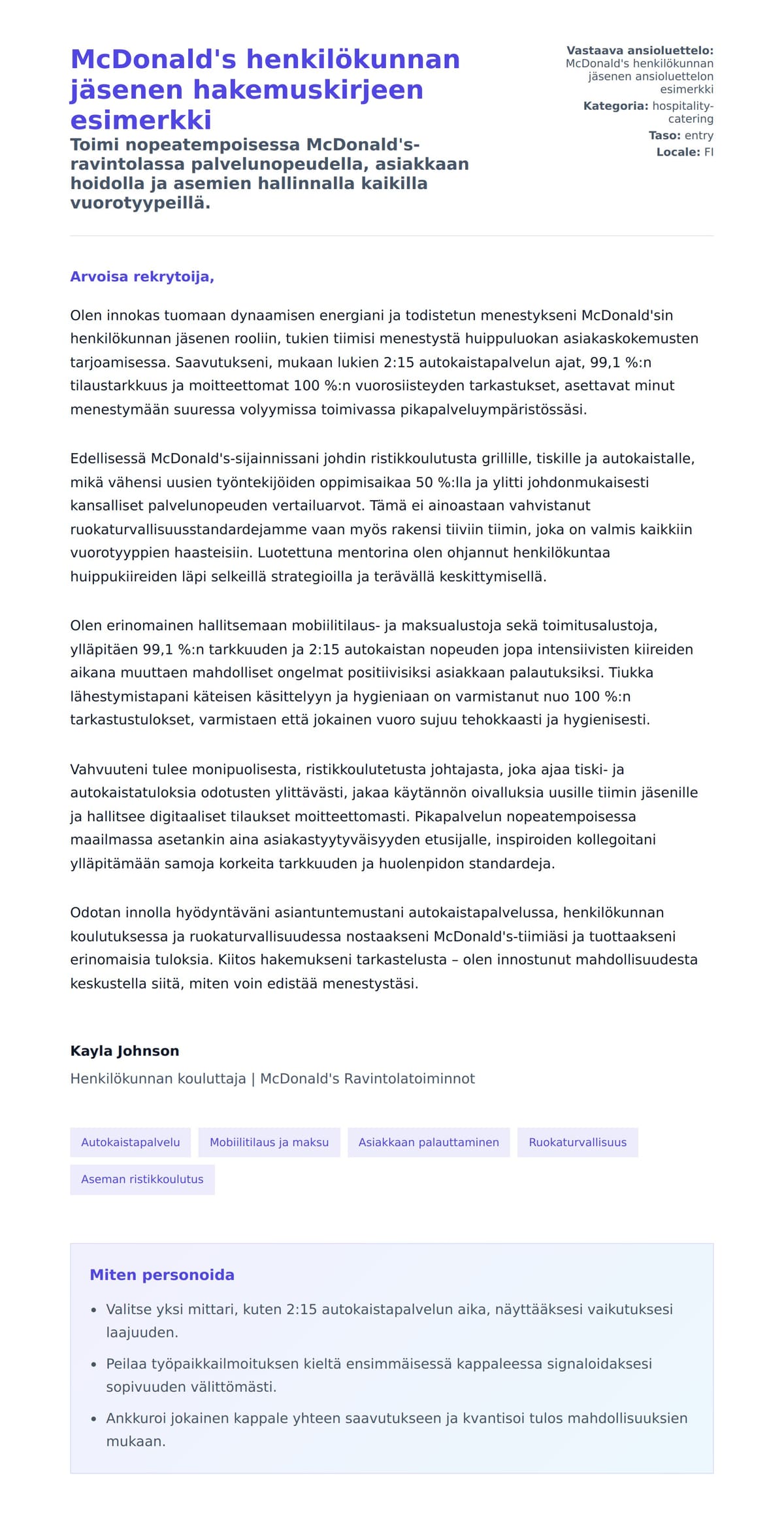 Työhakemuskirjeen esikatselu kohteelle McDonald's henkilökunnan jäsenen hakemuskirjeen esimerkki