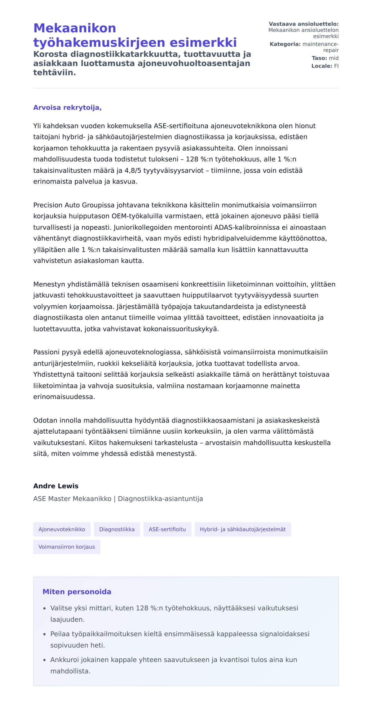 Työhakemuskirjeen esikatselu kohteelle Mekaanikon työhakemuskirjeen esimerkki
