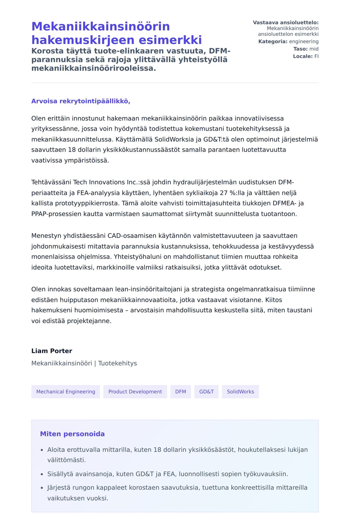 Työhakemuskirjeen esikatselu kohteelle Mekaniikkainsinöörin hakemuskirjeen esimerkki
