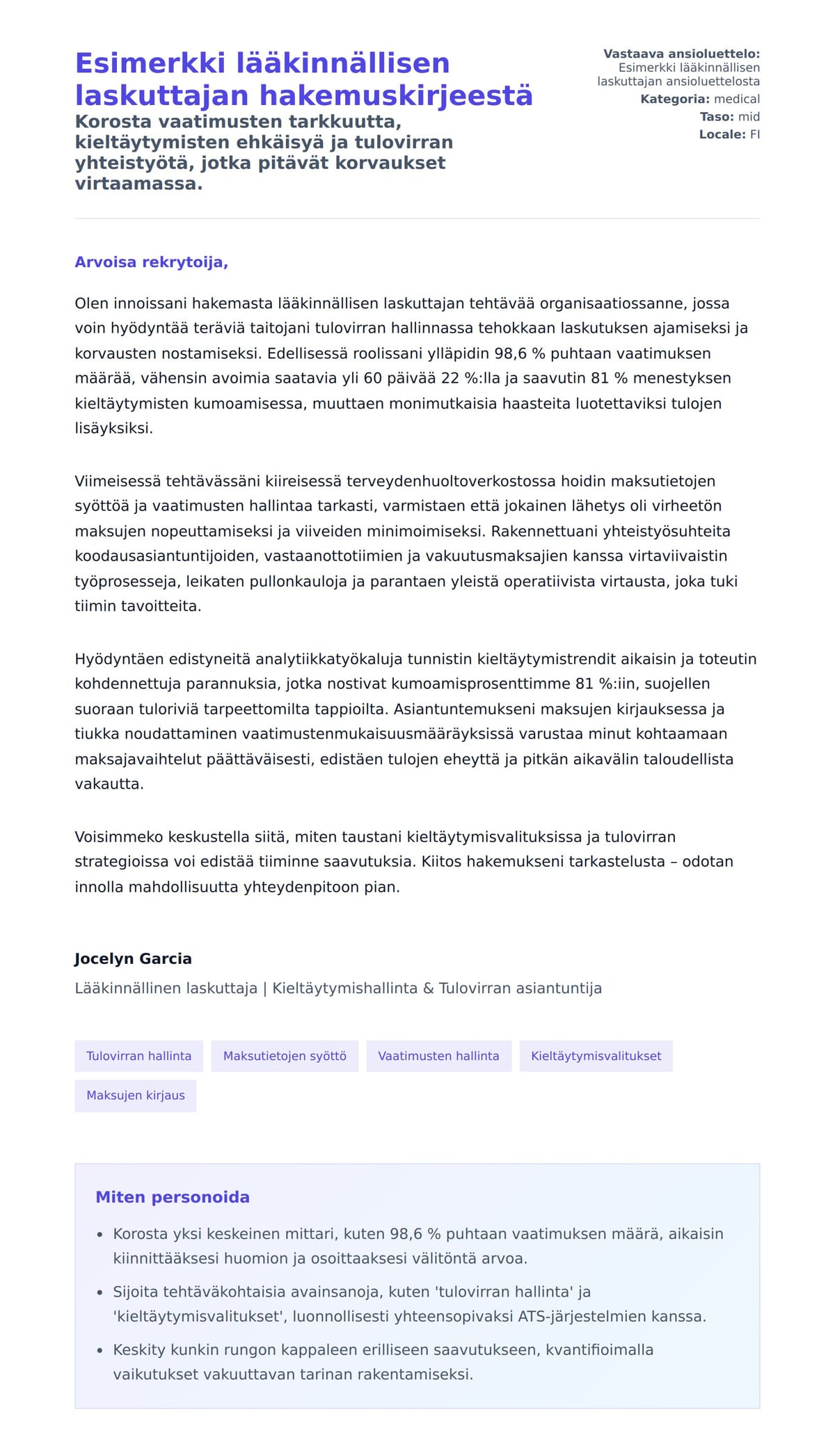 Työhakemuskirjeen esikatselu kohteelle Esimerkki lääkinnällisen laskuttajan hakemuskirjeestä