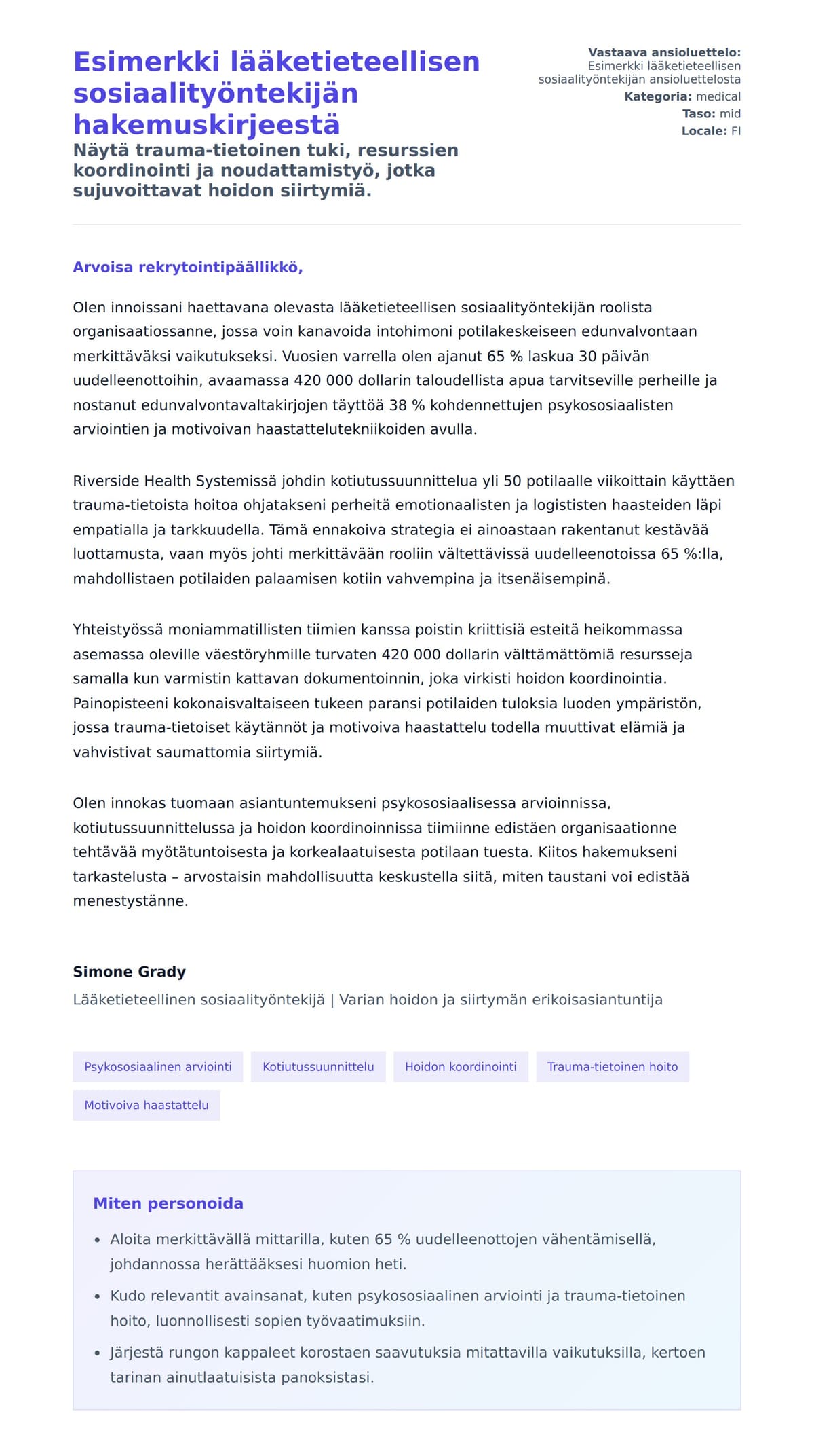 Työhakemuskirjeen esikatselu kohteelle Esimerkki lääketieteellisen sosiaalityöntekijän hakemuskirjeestä