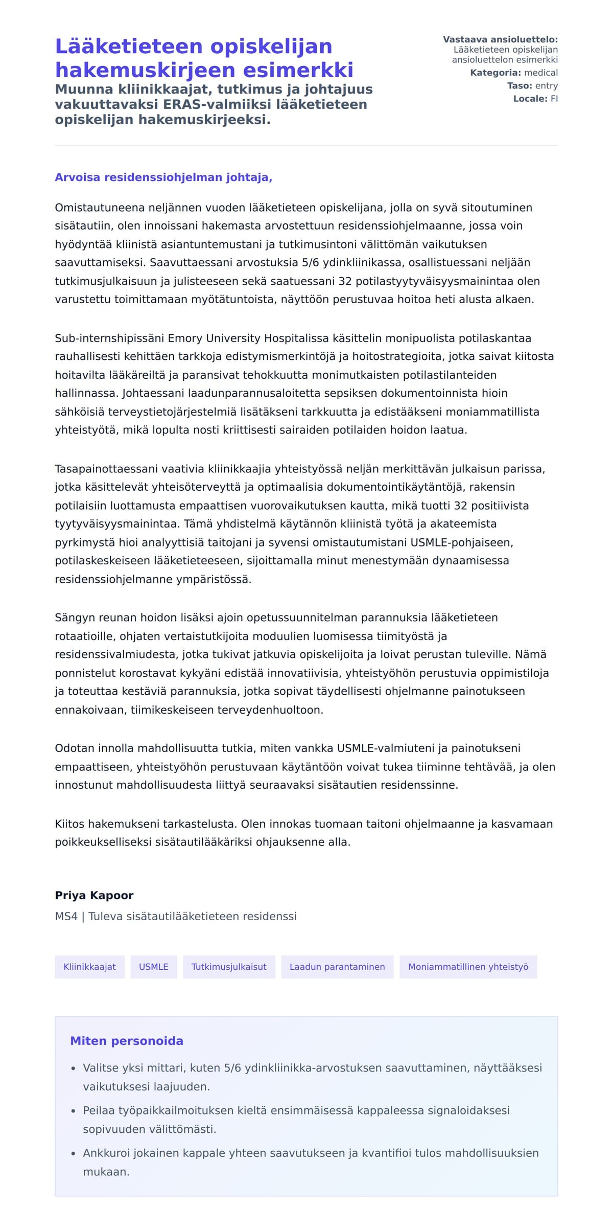 Työhakemuskirjeen esikatselu kohteelle Lääketieteen opiskelijan hakemuskirjeen esimerkki