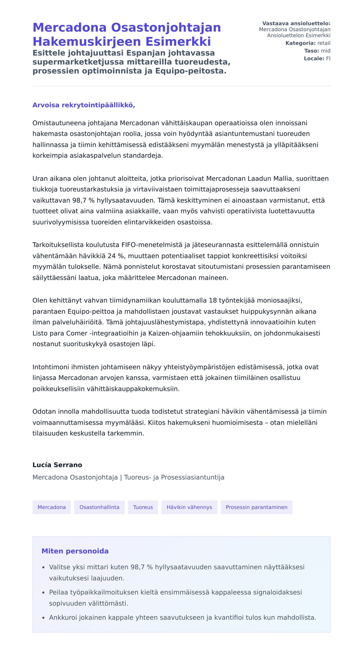 Työhakemuskirjeen esikatselu kohteelle Mercadona Osastonjohtajan Hakemuskirjeen Esimerkki