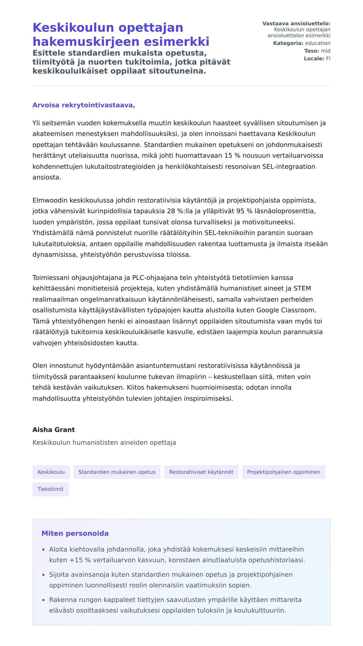 Työhakemuskirjeen esikatselu kohteelle Keskikoulun opettajan hakemuskirjeen esimerkki