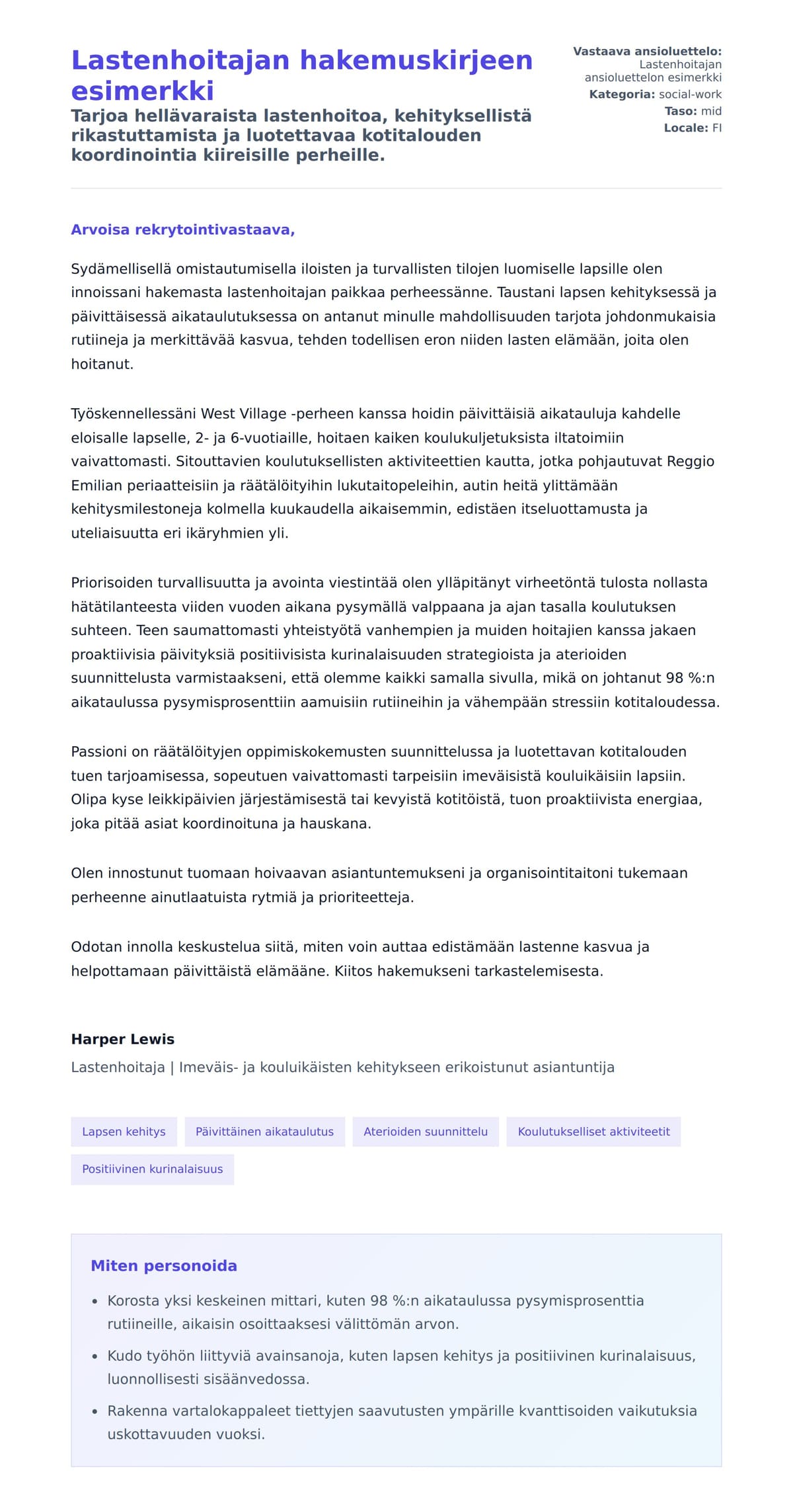 Työhakemuskirjeen esikatselu kohteelle Lastenhoitajan hakemuskirjeen esimerkki