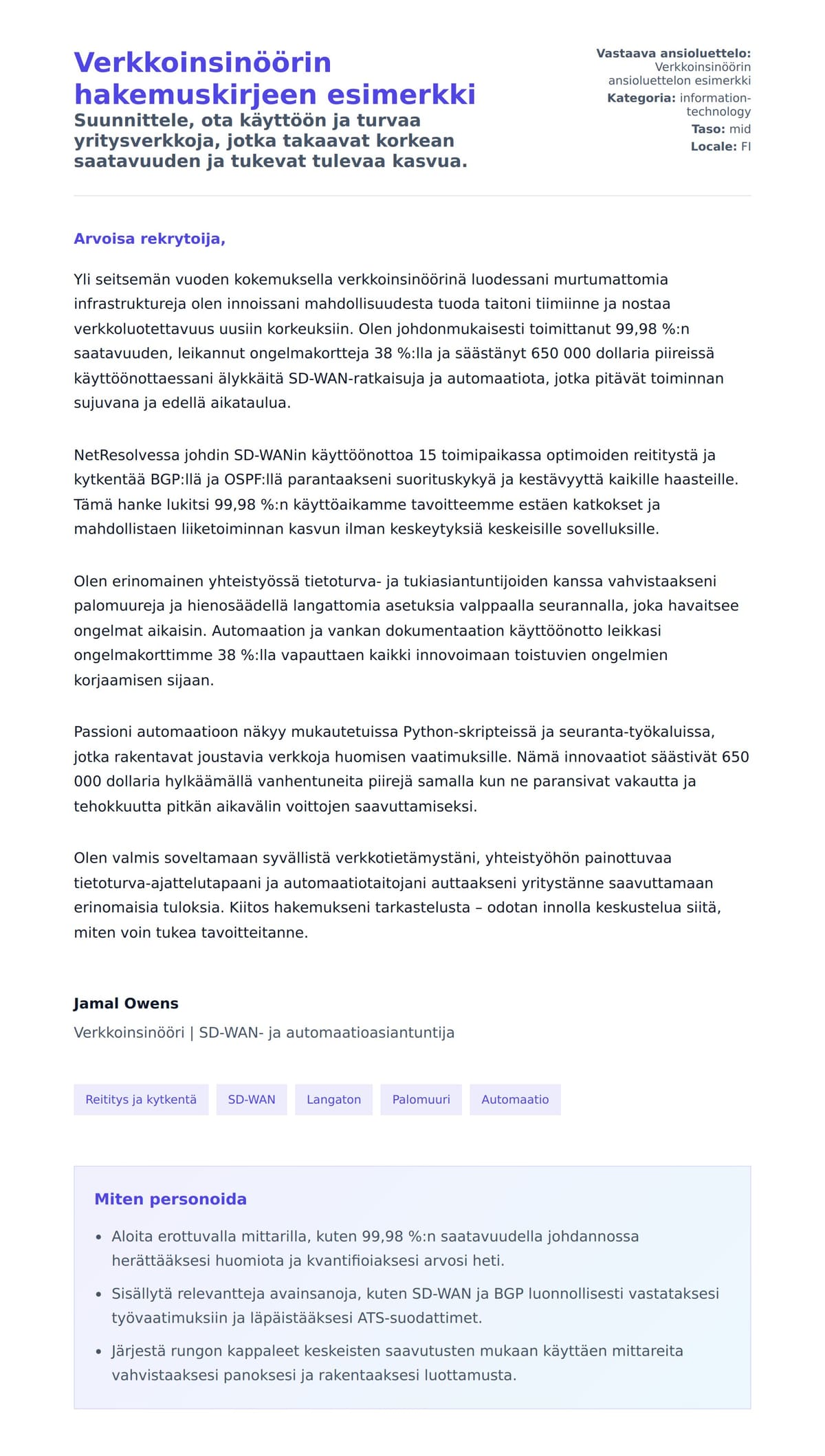 Työhakemuskirjeen esikatselu kohteelle Verkkoinsinöörin hakemuskirjeen esimerkki