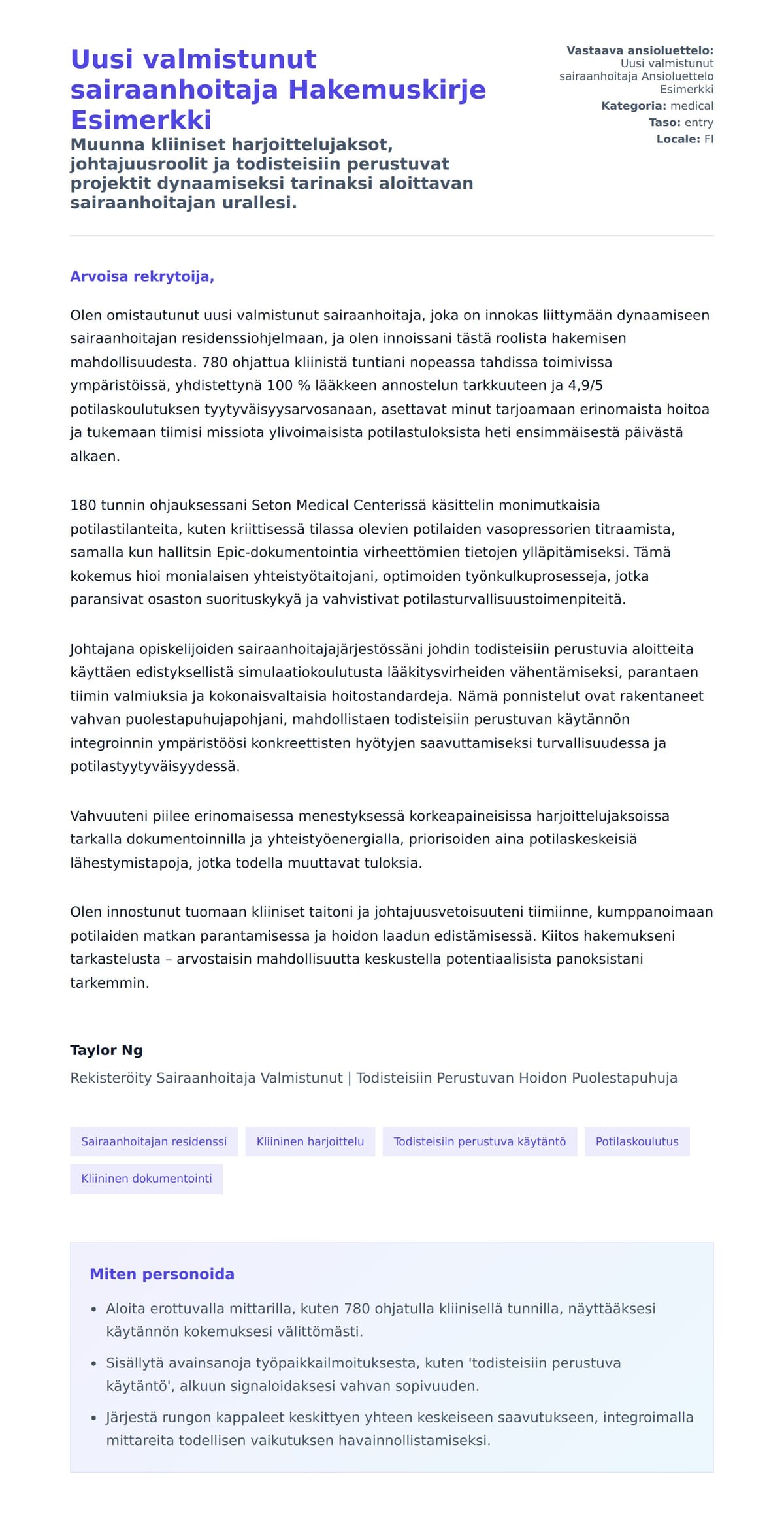 Työhakemuskirjeen esikatselu kohteelle Uusi valmistunut sairaanhoitaja Hakemuskirje Esimerkki