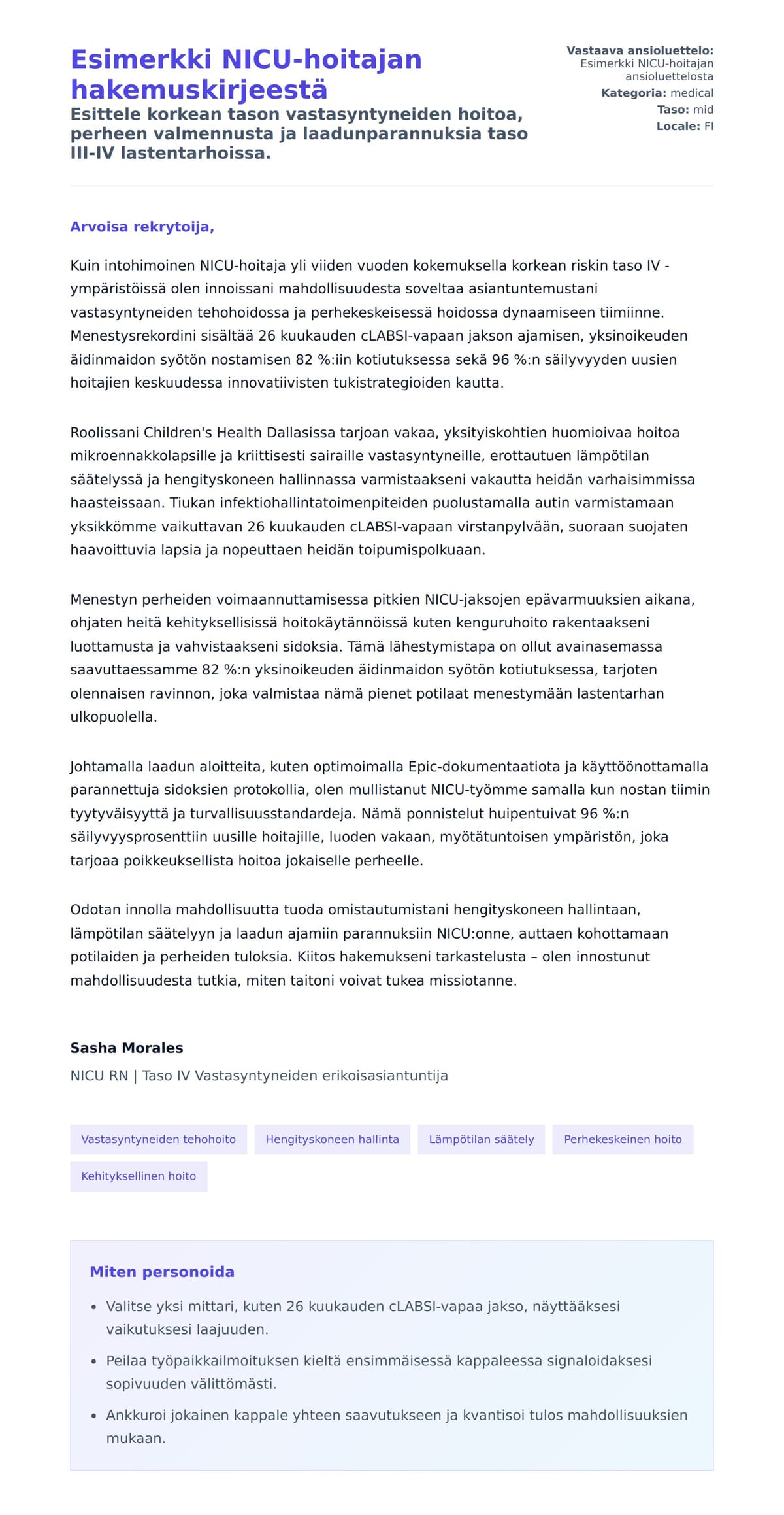 Työhakemuskirjeen esikatselu kohteelle Esimerkki NICU-hoitajan hakemuskirjeestä