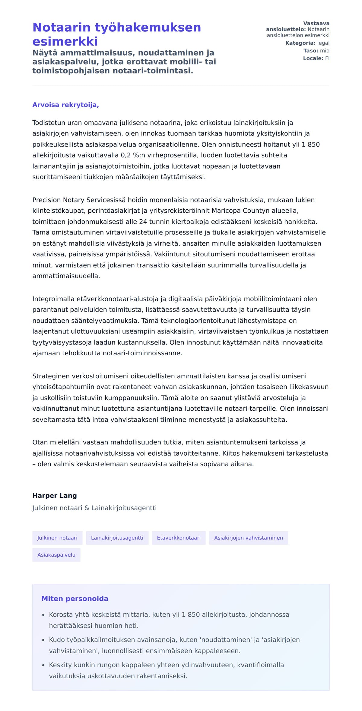 Työhakemuskirjeen esikatselu kohteelle Notaarin työhakemuksen esimerkki