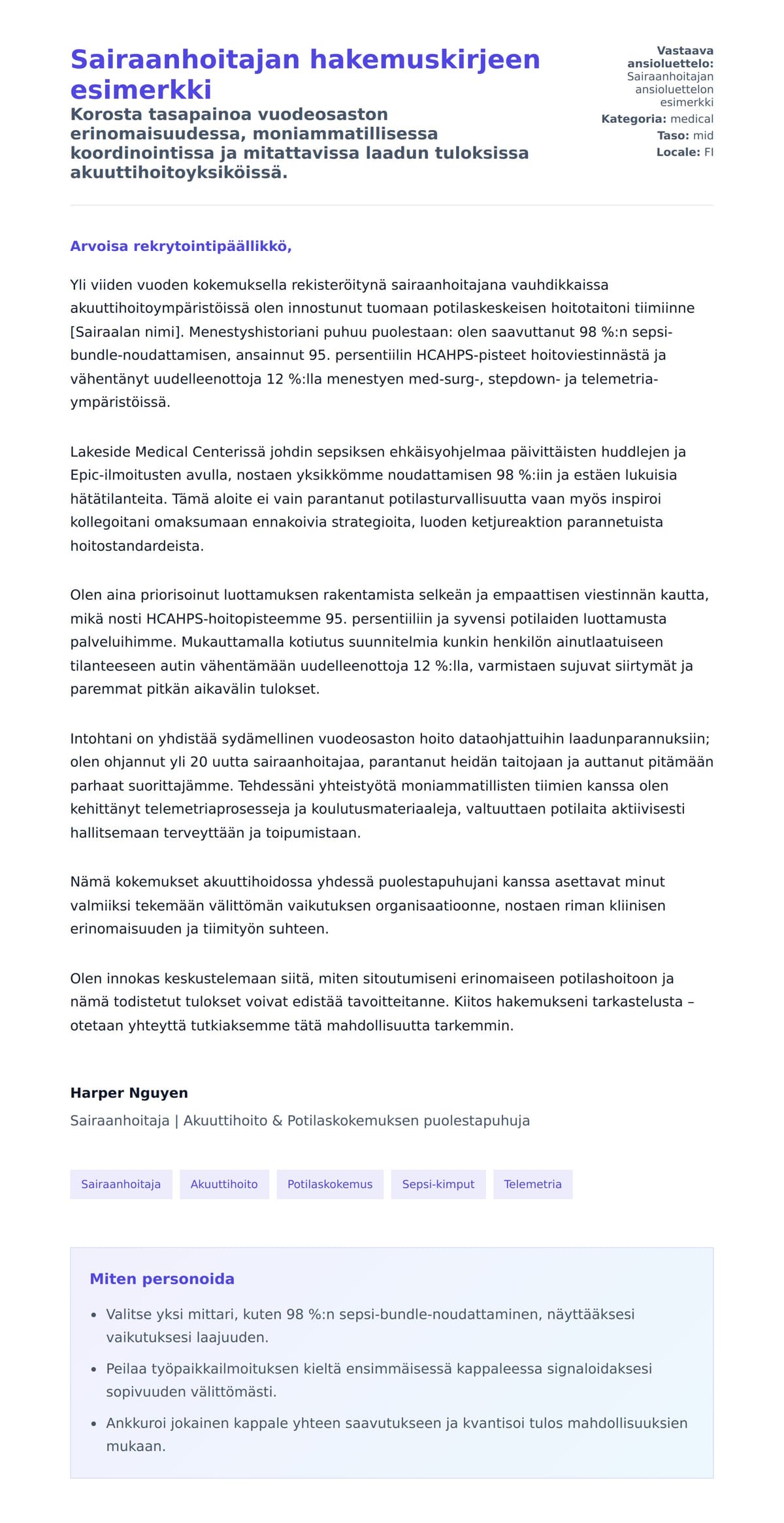 Työhakemuskirjeen esikatselu kohteelle Sairaanhoitajan hakemuskirjeen esimerkki