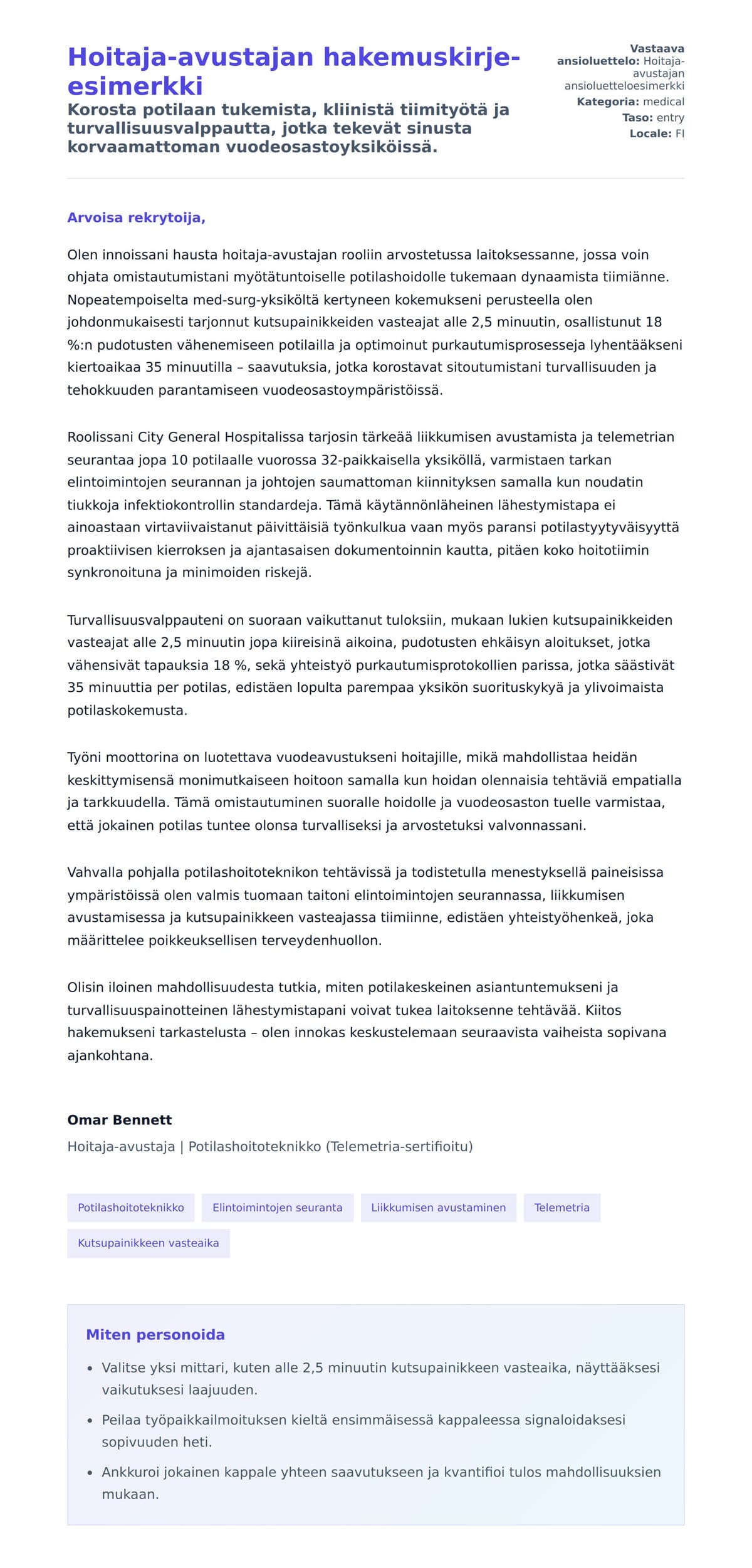 Työhakemuskirjeen esikatselu kohteelle Hoitaja-avustajan hakemuskirje-esimerkki