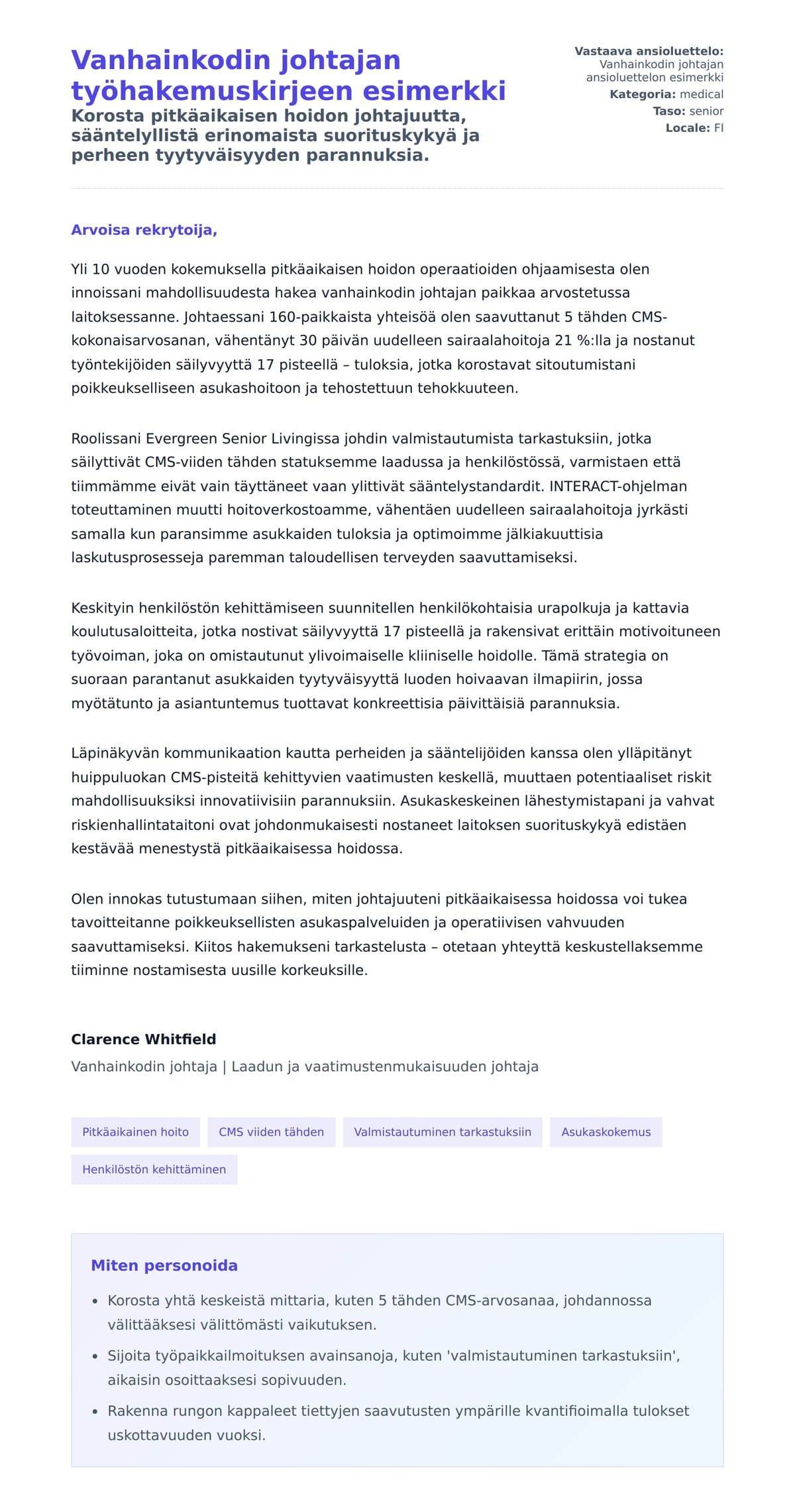 Työhakemuskirjeen esikatselu kohteelle Vanhainkodin johtajan työhakemuskirjeen esimerkki