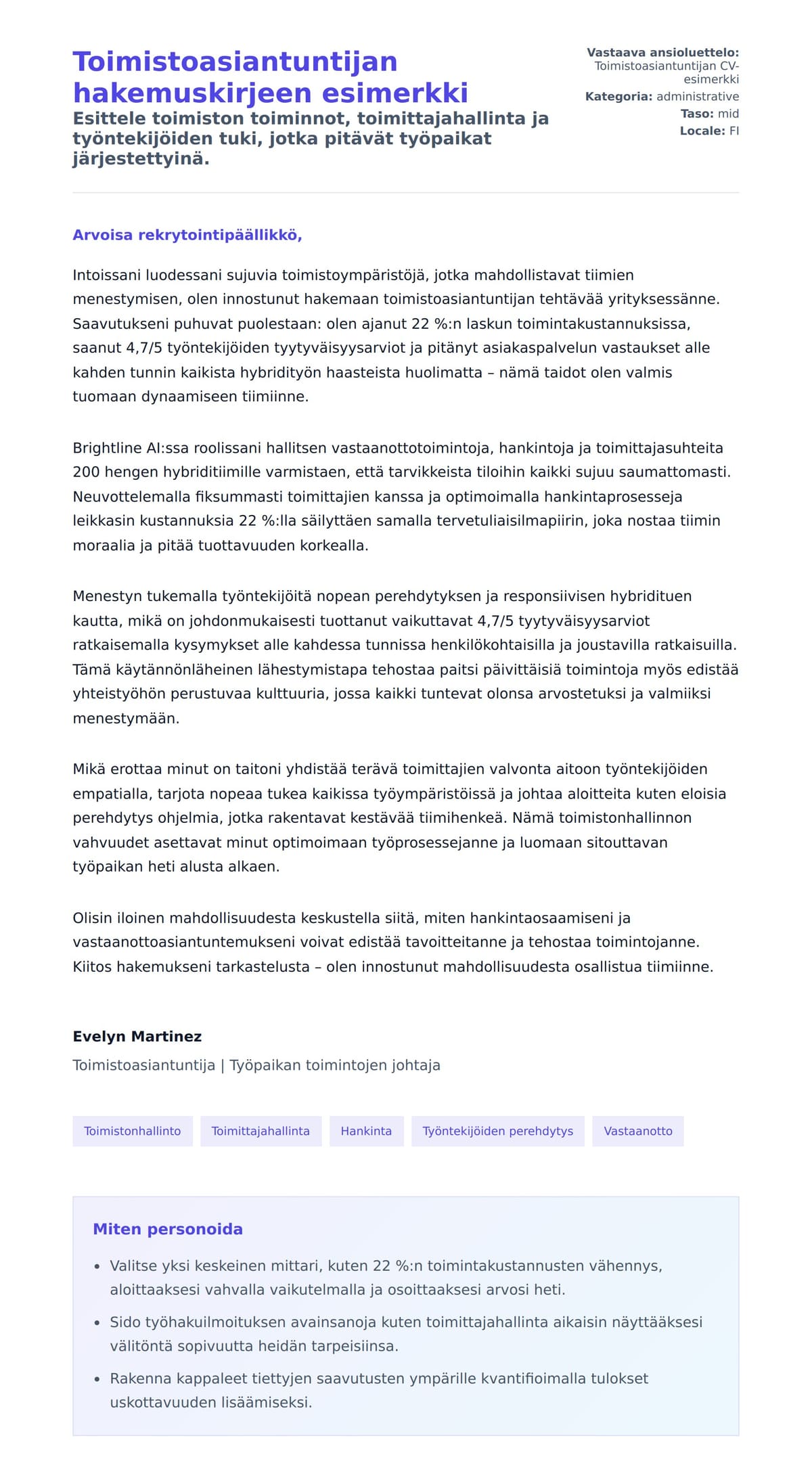 Työhakemuskirjeen esikatselu kohteelle Toimistoasiantuntijan hakemuskirjeen esimerkki