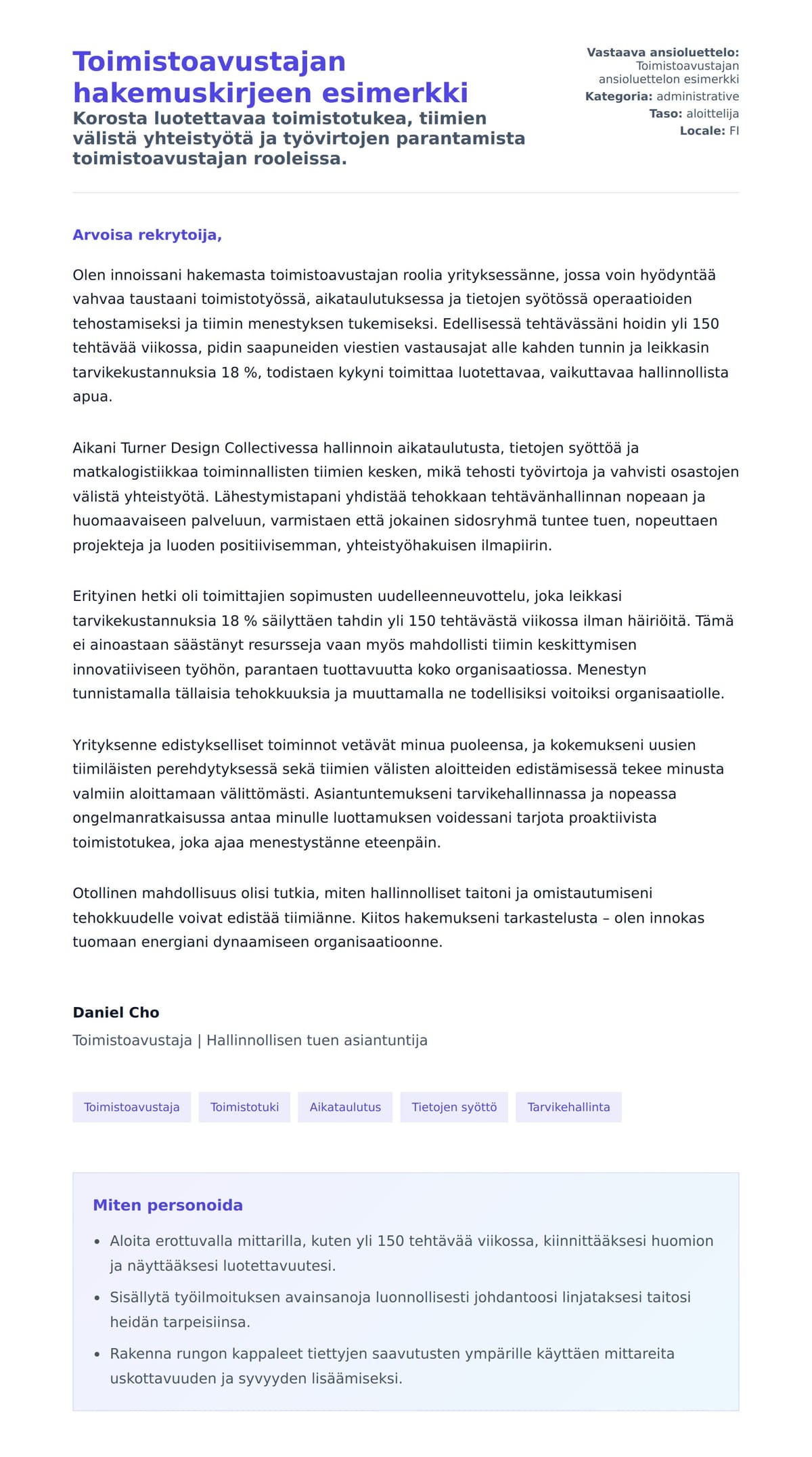 Työhakemuskirjeen esikatselu kohteelle Toimistoavustajan hakemuskirjeen esimerkki