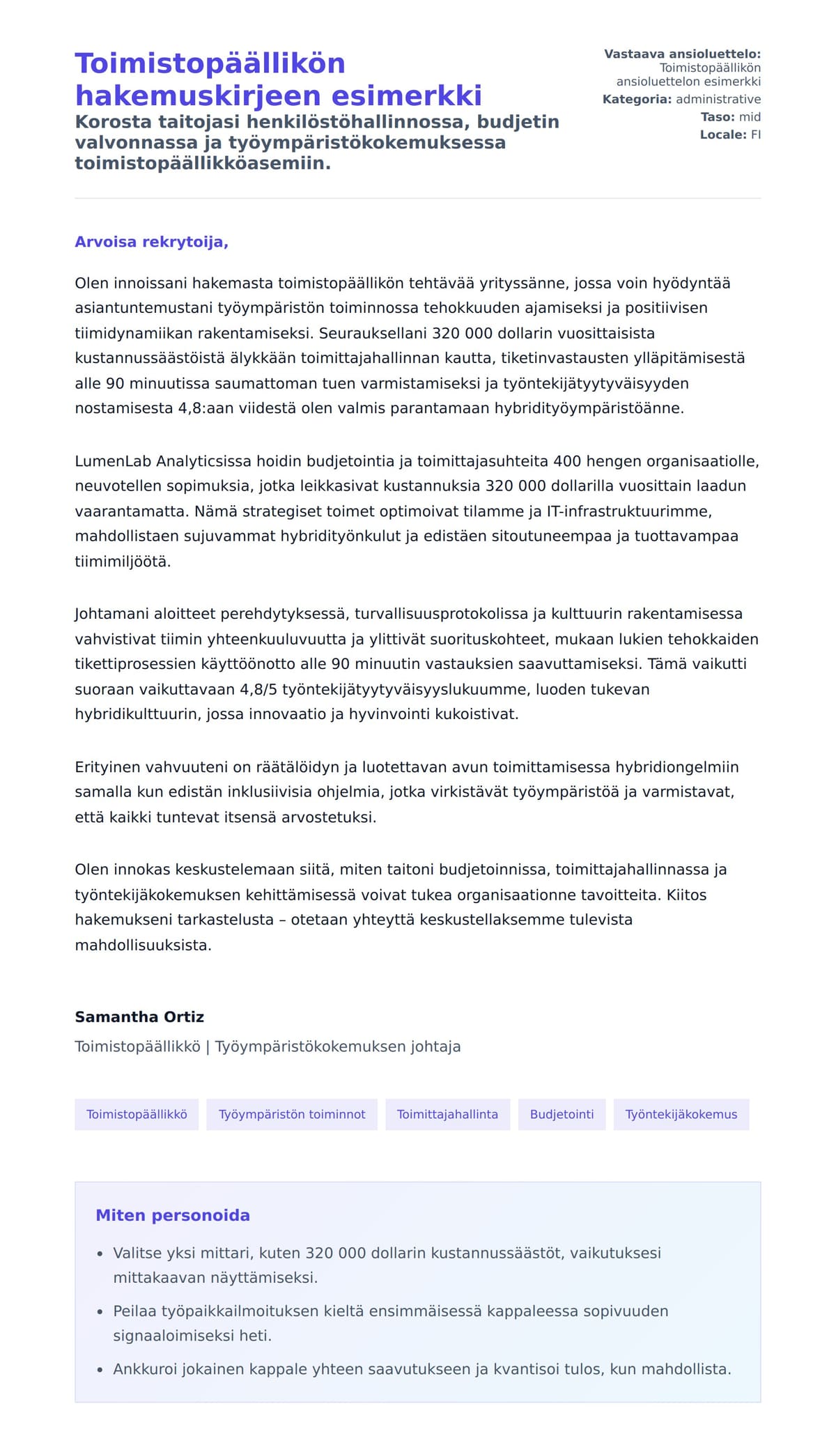 Työhakemuskirjeen esikatselu kohteelle Toimistopäällikön hakemuskirjeen esimerkki