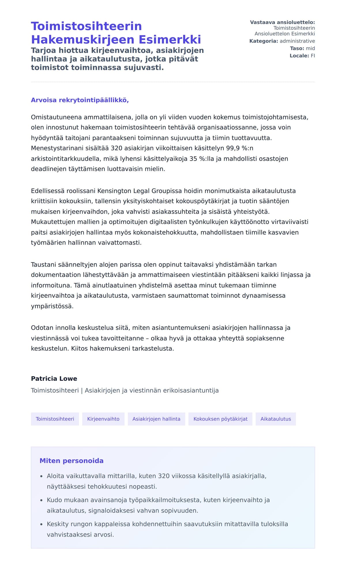 Toimistosihteerin Hakemuskirjeen Esimerkki