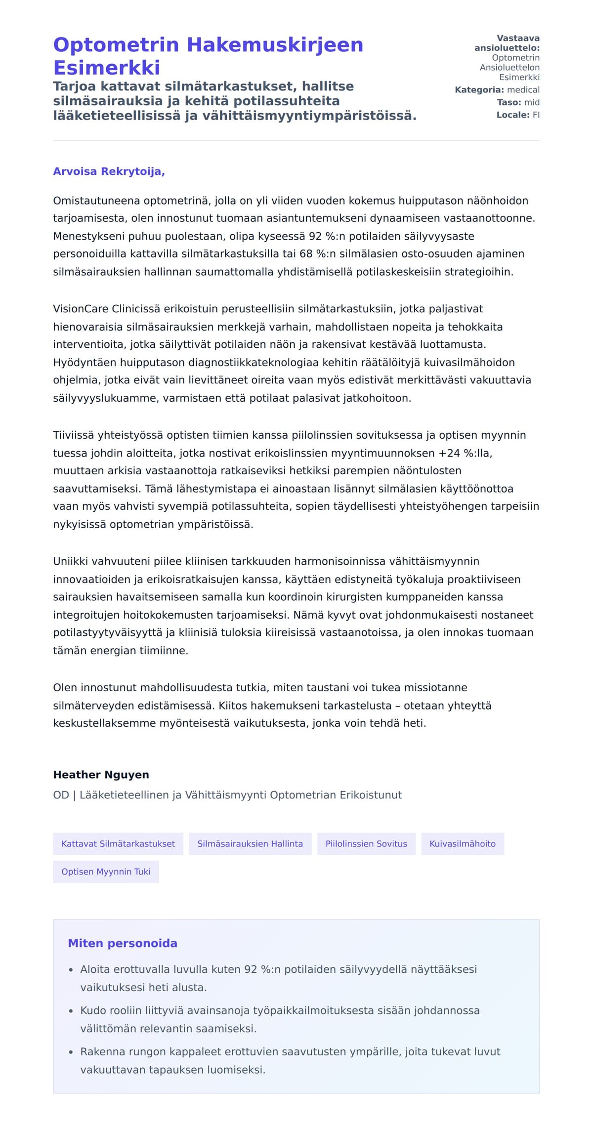 Työhakemuskirjeen esikatselu kohteelle Optometrin Hakemuskirjeen Esimerkki