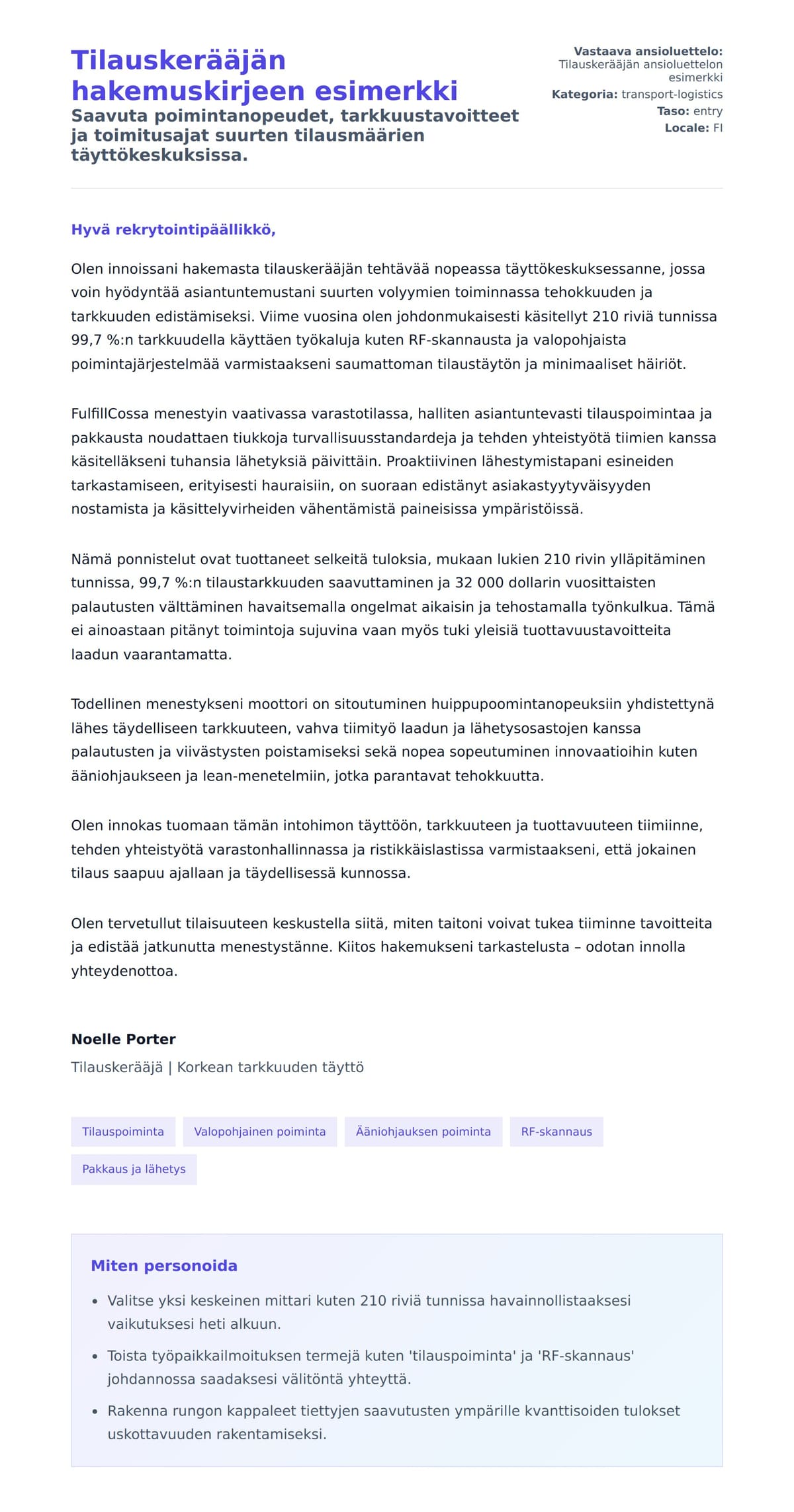 Työhakemuskirjeen esikatselu kohteelle Tilauskerääjän hakemuskirjeen esimerkki