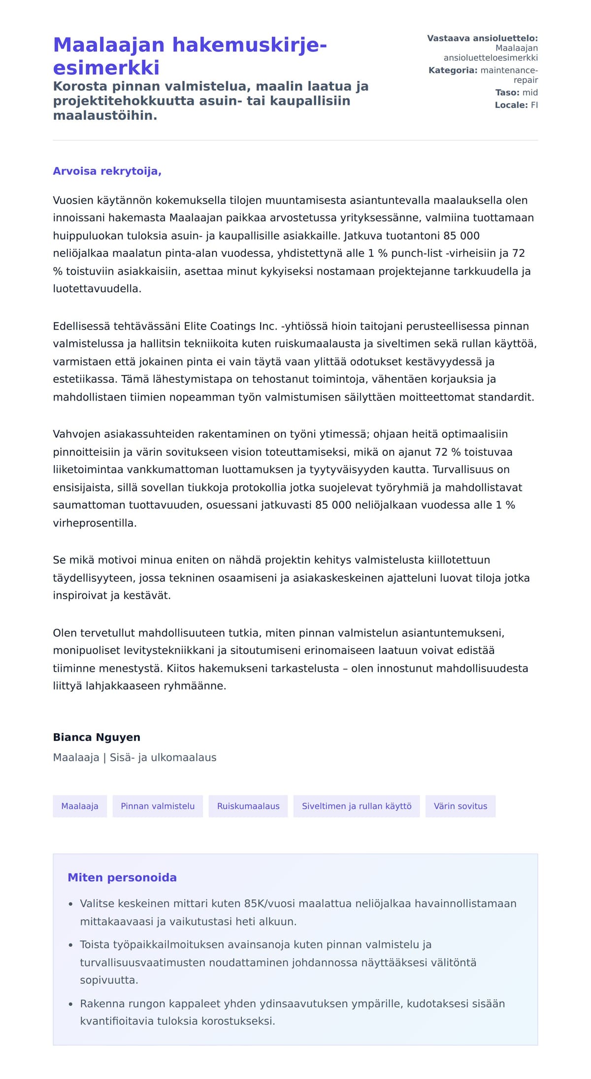 Työhakemuskirjeen esikatselu kohteelle Maalaajan hakemuskirje-esimerkki