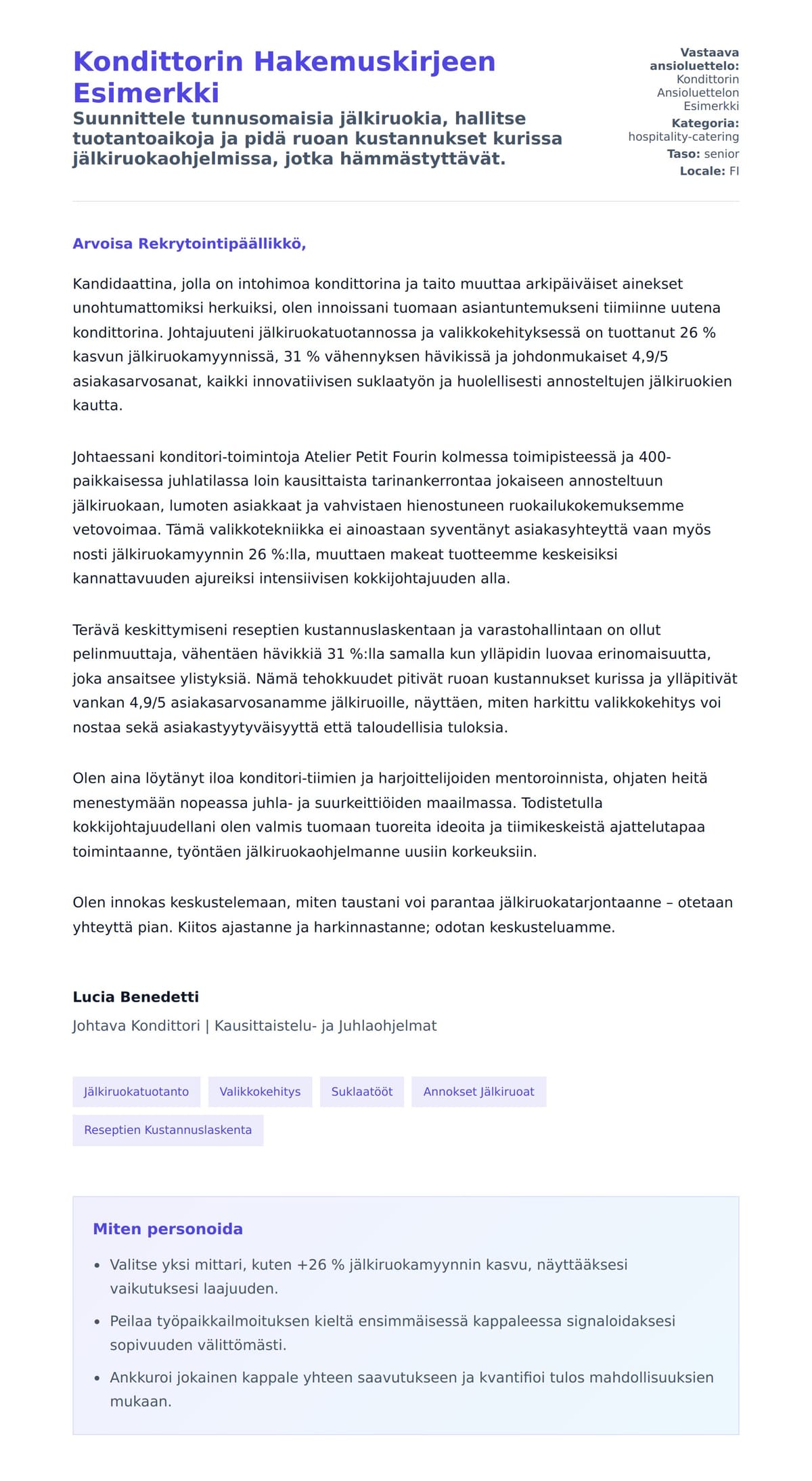 Työhakemuskirjeen esikatselu kohteelle Kondittorin Hakemuskirjeen Esimerkki