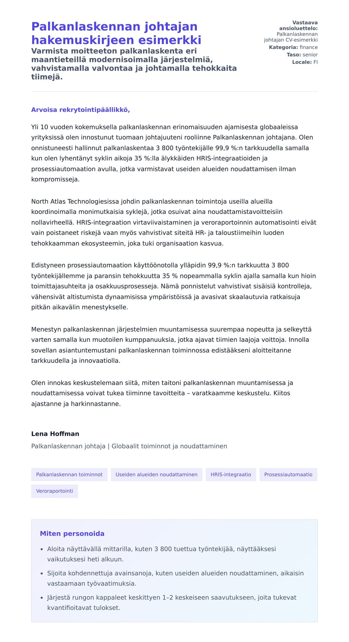 Työhakemuskirjeen esikatselu kohteelle Palkanlaskennan johtajan hakemuskirjeen esimerkki