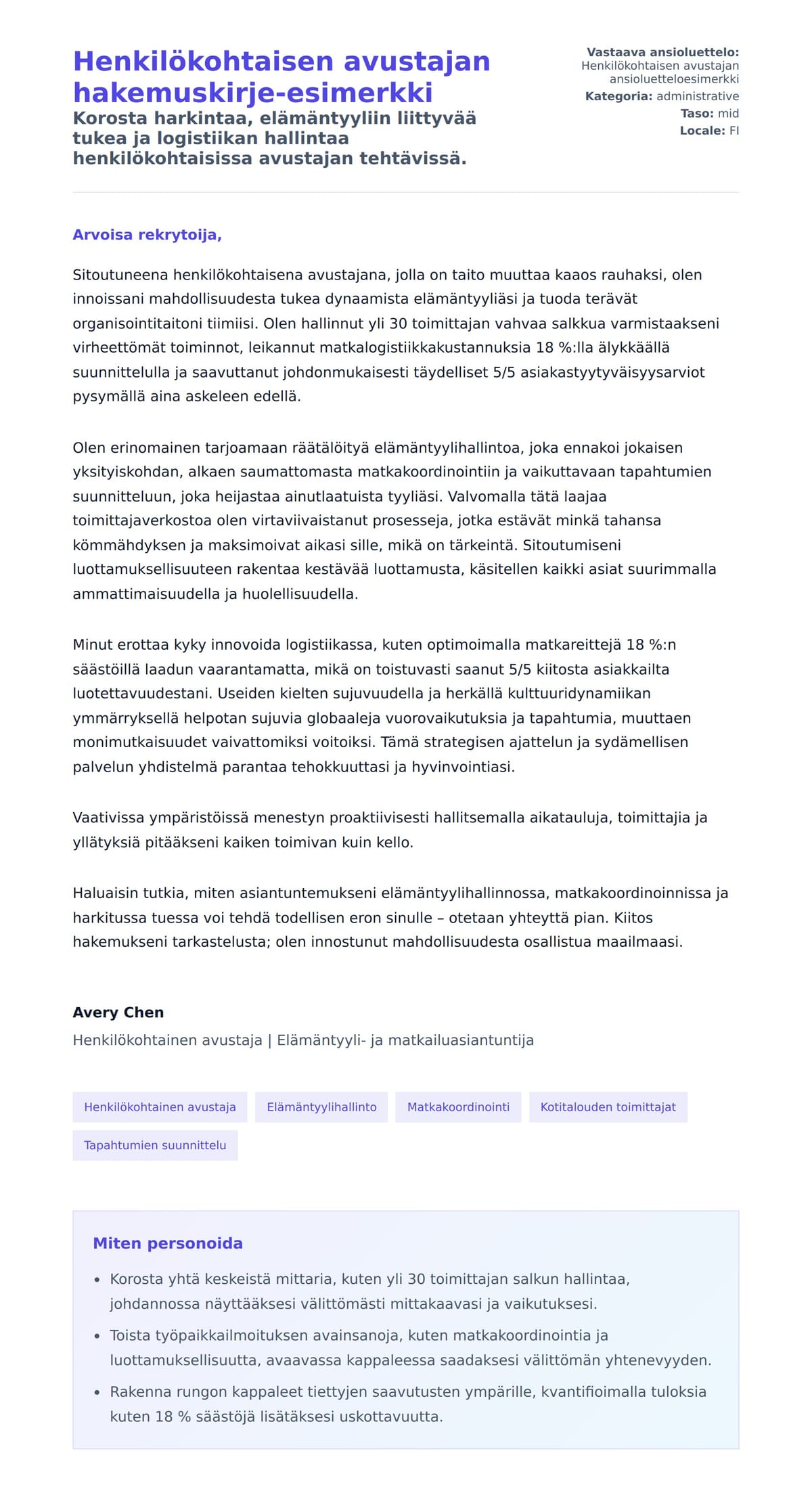 Työhakemuskirjeen esikatselu kohteelle Henkilökohtaisen avustajan hakemuskirje-esimerkki