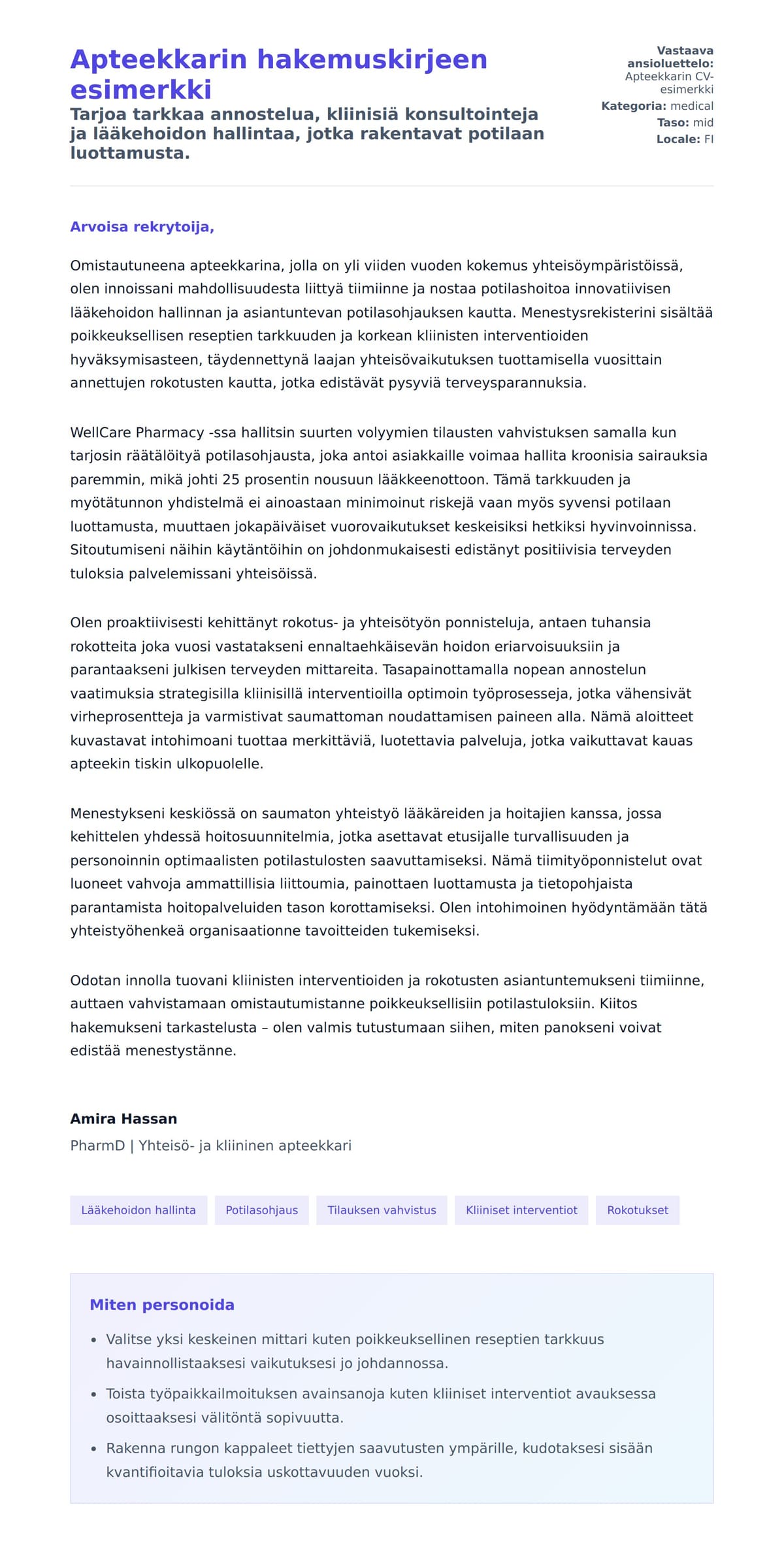 Työhakemuskirjeen esikatselu kohteelle Apteekkarin hakemuskirjeen esimerkki