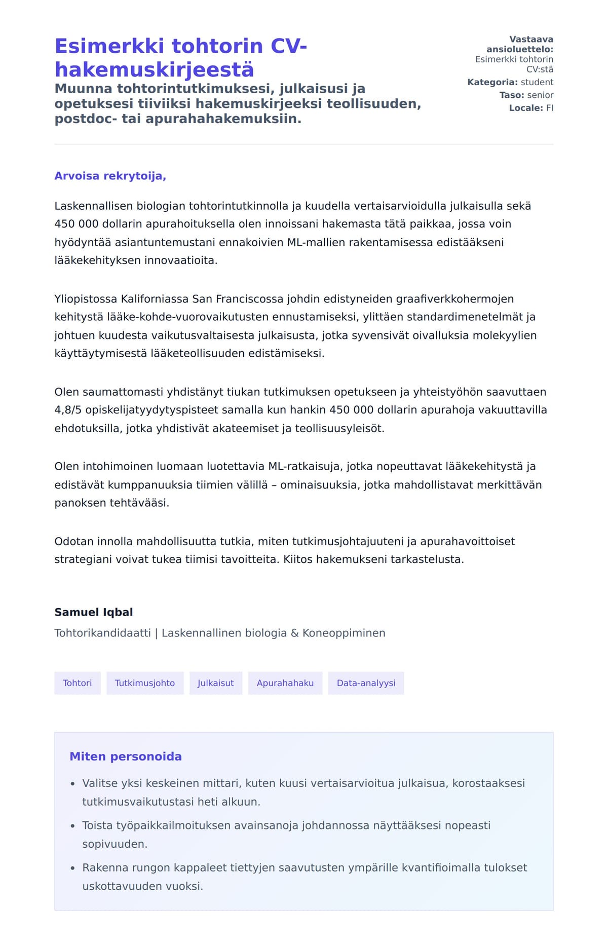 Työhakemuskirjeen esikatselu kohteelle Esimerkki tohtorin CV-hakemuskirjeestä