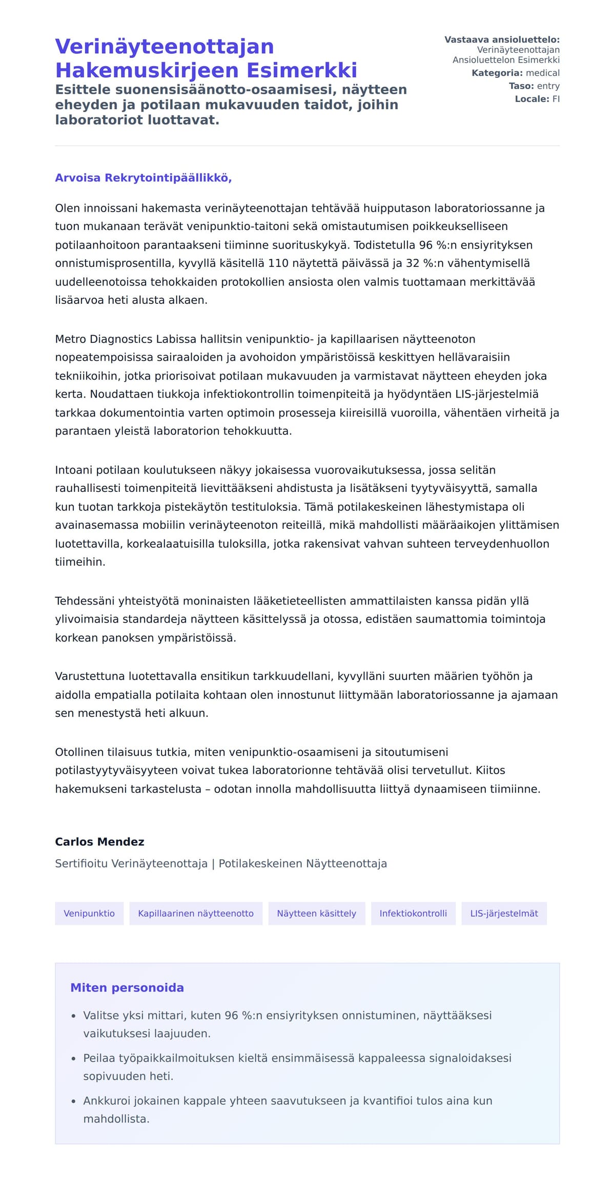 Työhakemuskirjeen esikatselu kohteelle Verinäyteenottajan Hakemuskirjeen Esimerkki