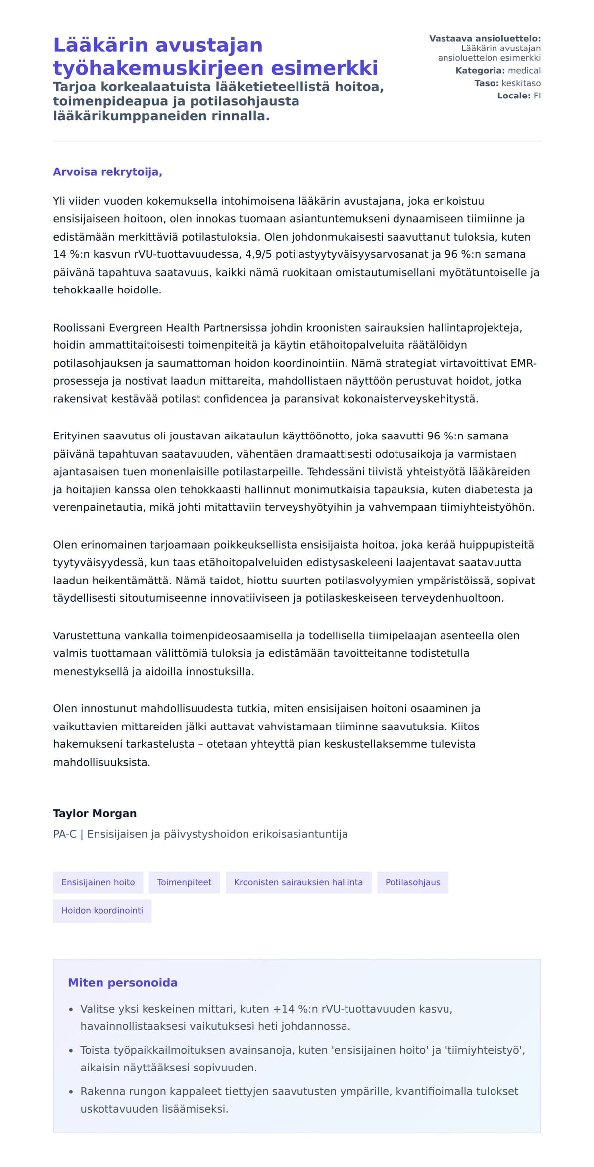 Työhakemuskirjeen esikatselu kohteelle Lääkärin avustajan työhakemuskirjeen esimerkki