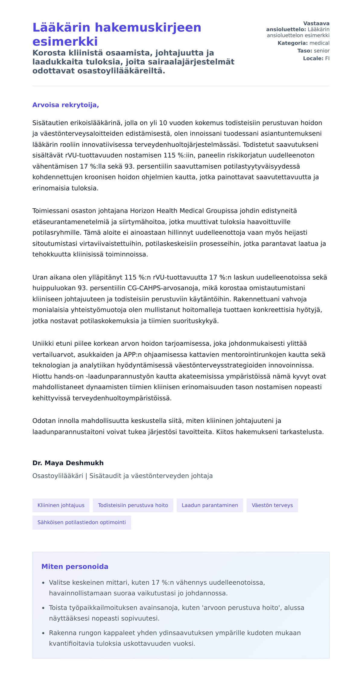 Työhakemuskirjeen esikatselu kohteelle Lääkärin hakemuskirjeen esimerkki