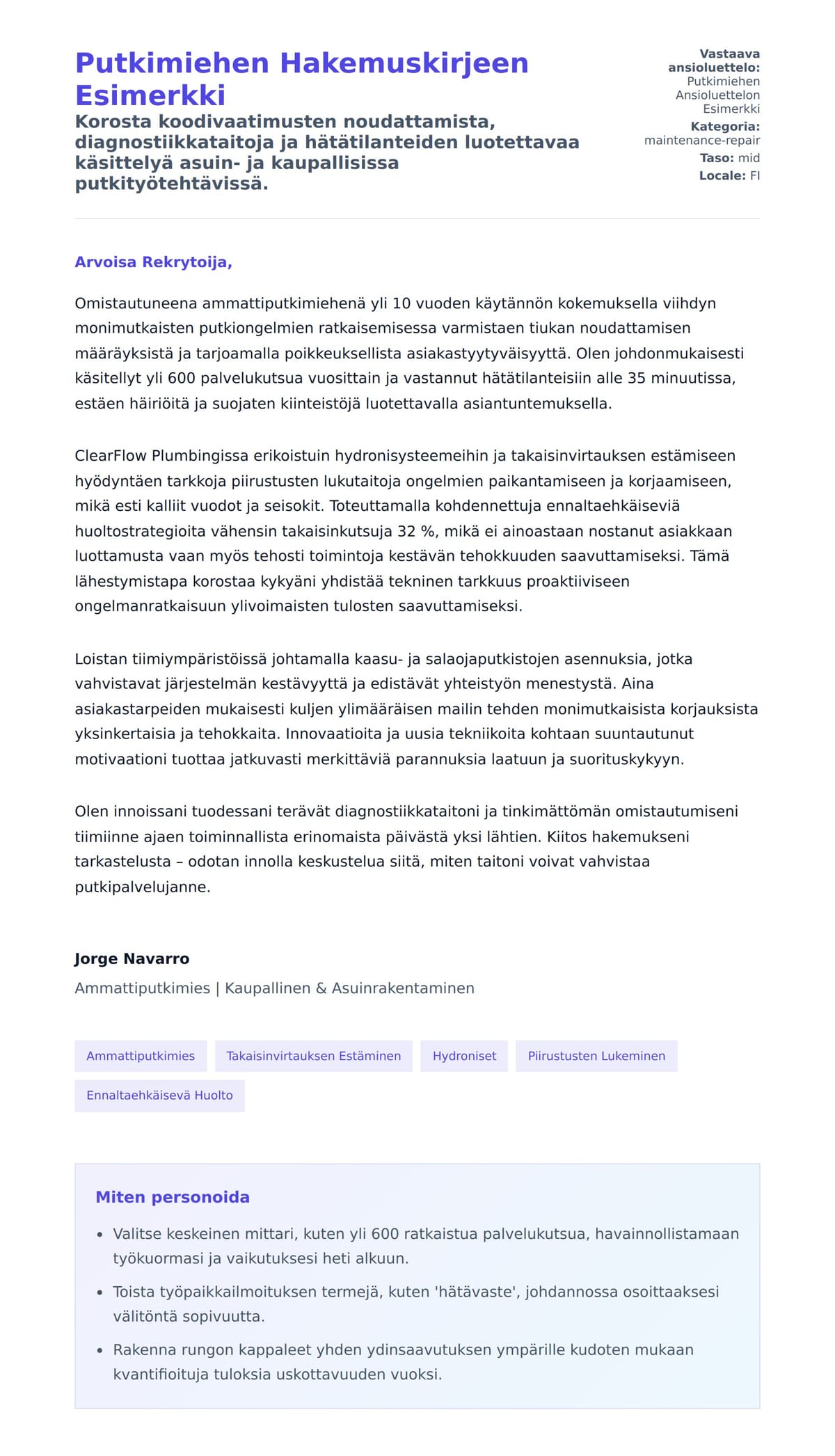 Työhakemuskirjeen esikatselu kohteelle Putkimiehen Hakemuskirjeen Esimerkki