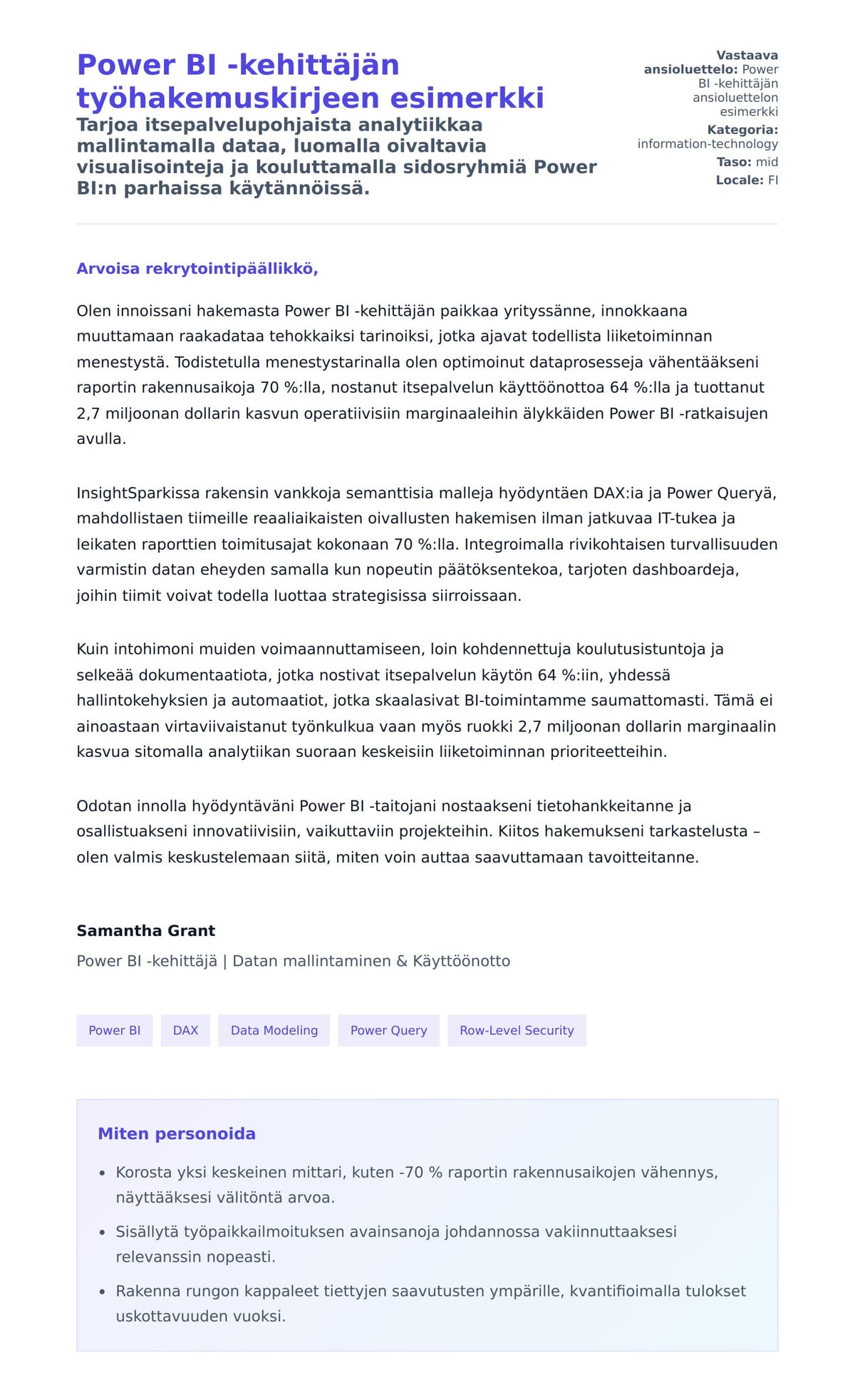 Työhakemuskirjeen esikatselu kohteelle Power BI -kehittäjän työhakemuskirjeen esimerkki